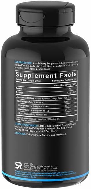 Sports Research Triple Strength Omega 3 Fish Oil - Burpless Fish Oil Supplement w/EPA & DHA Fatty Acids from Wild Caught Fish - Heart, Brain & Immune Support for Men & Women - 1250 mg, 150 ct Sports Research buy supplements Au