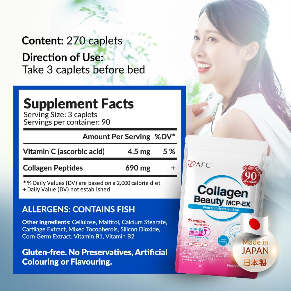 AFC Japan Collagen Beauty MCP-EX with Marine Collagen Peptide, 1.5X Better Absorption Than Other Collagen, for Anti-Aging, Skin, Hair, Nails, Bone and Joints, for Women & Men, 90 Days Supply AFC buy supplements Au