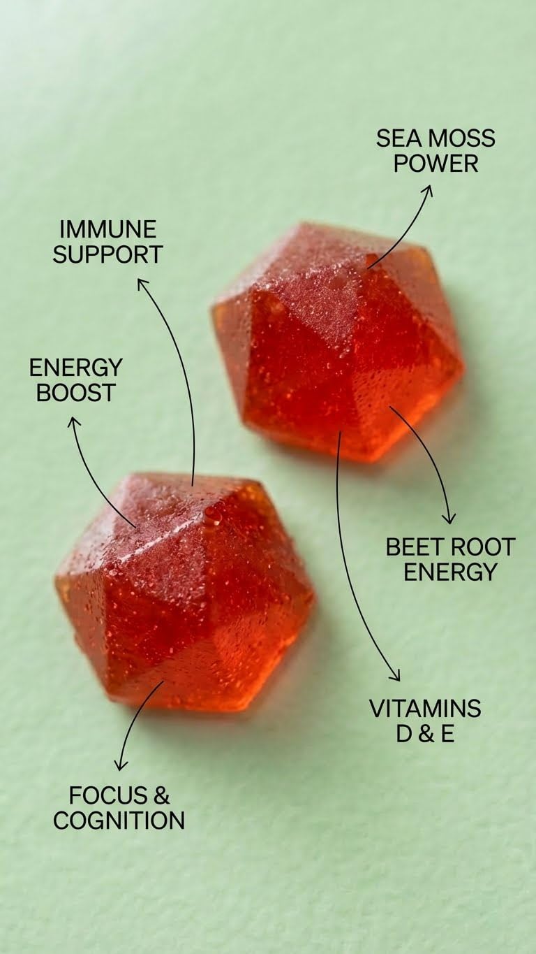 BDE Wildcrafted Sea Moss Gummy Maca Root, Beets, Lions Mane Mushroom, Vitamin D + E - Vegan Collagen, Zinc