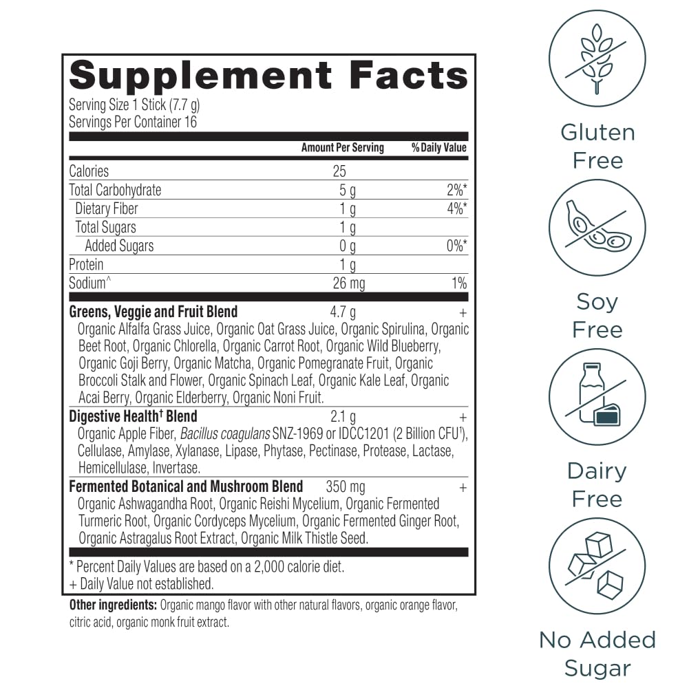 Ancient Nutrition SuperGreens Powder with Probiotics, Organic Mango Flavor Greens, Made from Real Fruits, Vegetables and Herbs, Digestive and Energy Support, 16 Stick Packs, 4.3oz Ancient NutritionBuy Supplements Australia