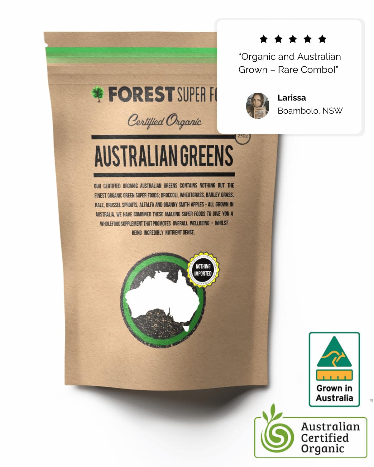 Certified Organic Australian Greens Whole Food Blend | 7 Incredible Whole Foods | No fillers or additives Forest Super Foods buy supplements Au