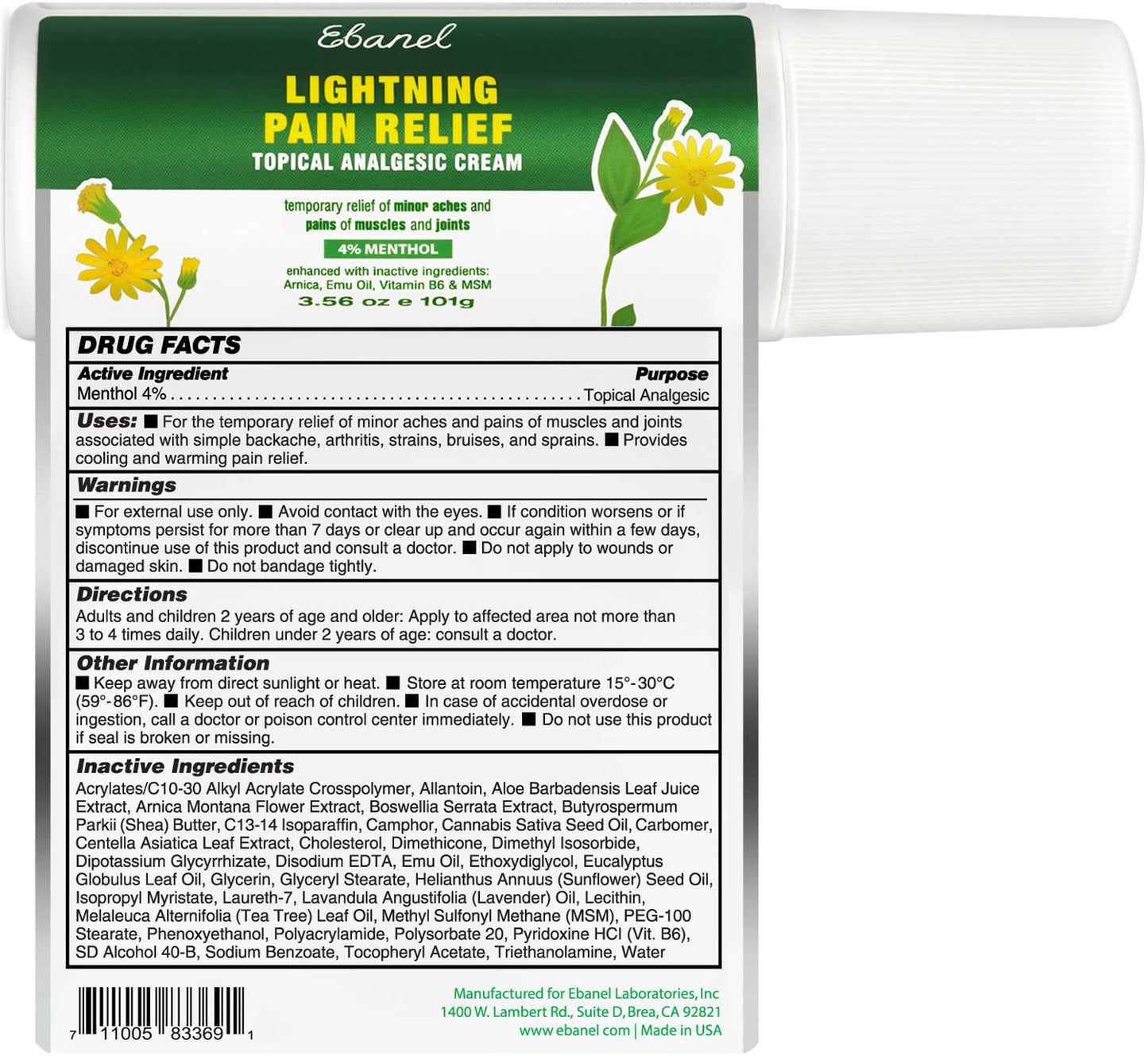 Ebanel Bundle of Numb25 Lidocaine 5% Topical Numbing Cream 1 Oz, and Pain Relief Roll On Arnica Menthol 3 Oz