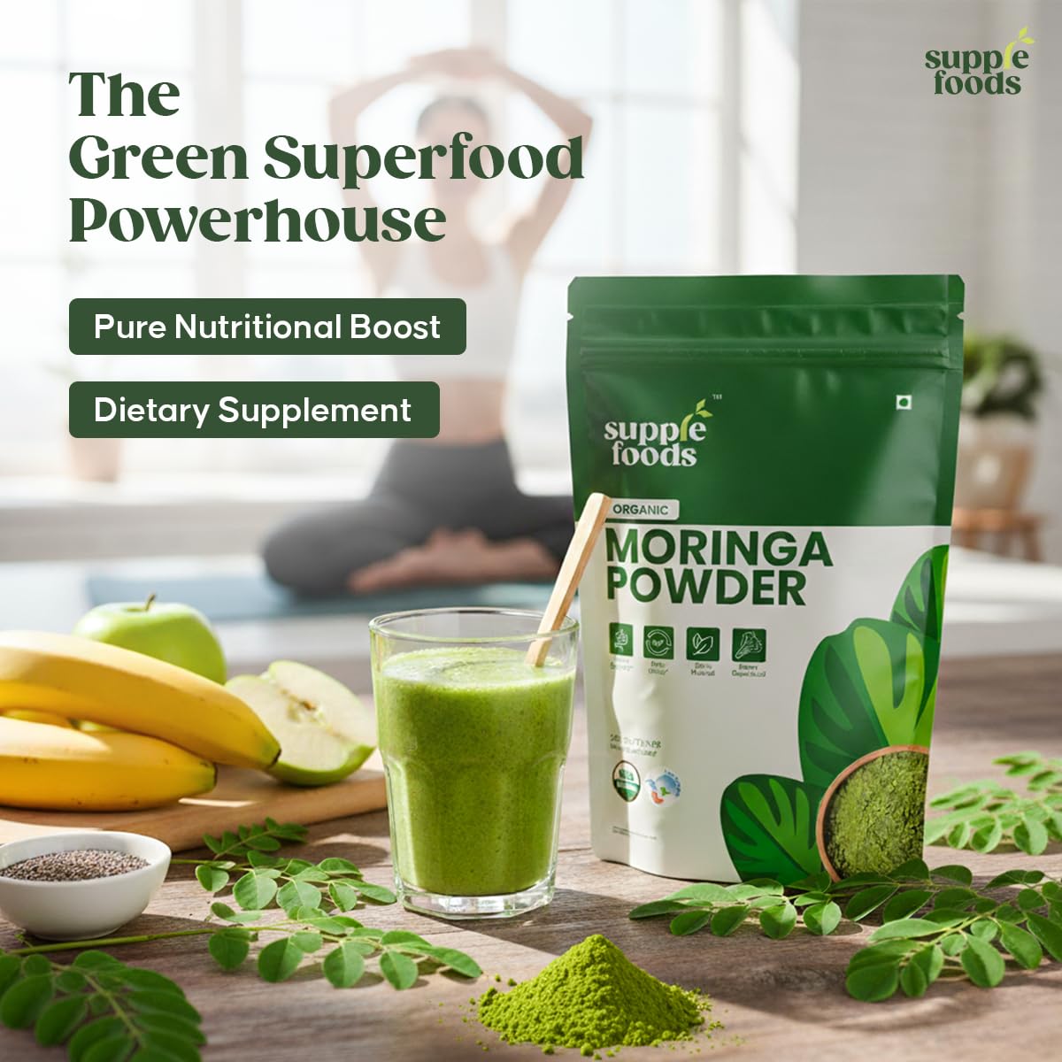 supplefoods Organic Moringa Powder 200 g / 7.05 oz | 100% Natural Green Superfood | Assists Digestion & Daily Detox | Finely Milled Moringa Leaf Powder | USDA Certified Organic Dietary Supplement supplefoods buy supplements Au