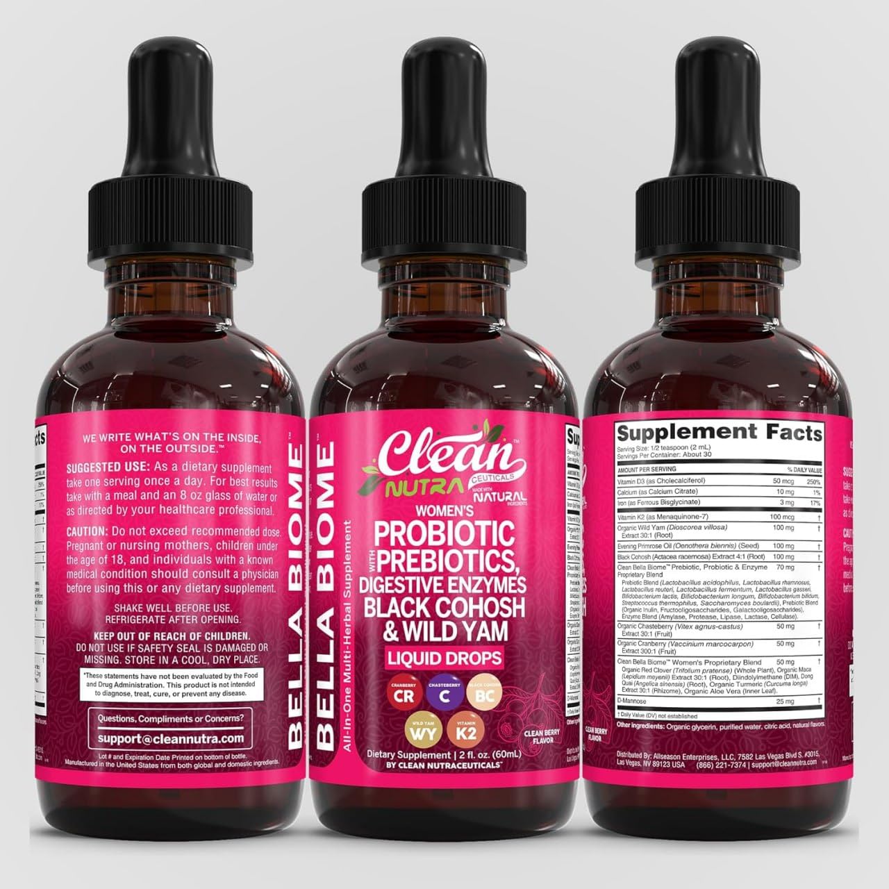 Liquid Probiotics for Women Drops with Chasteberry, Black Cohosh, Prebiotics, Digestive Enzymes, Evening Primrose Oil, Wild Yam, Cranberry Dmannose and Iron Vitamin D3 K2 Clean Nutra Bella Biotics Clean Nutraceuticals buy supplements Au