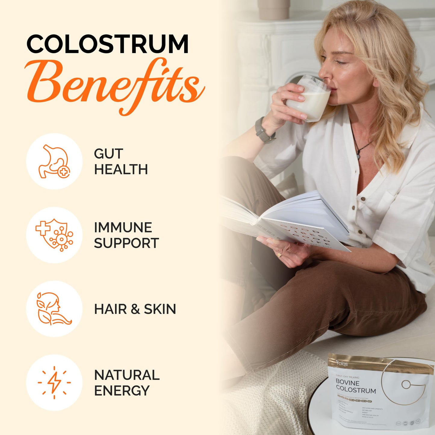 Folqs Bovine Colostrum Powder – First-Day Milking for Immune & Gut Support – 60 Servings – Supports Skin & Tissue Health – Made in USA - Amino Acids,