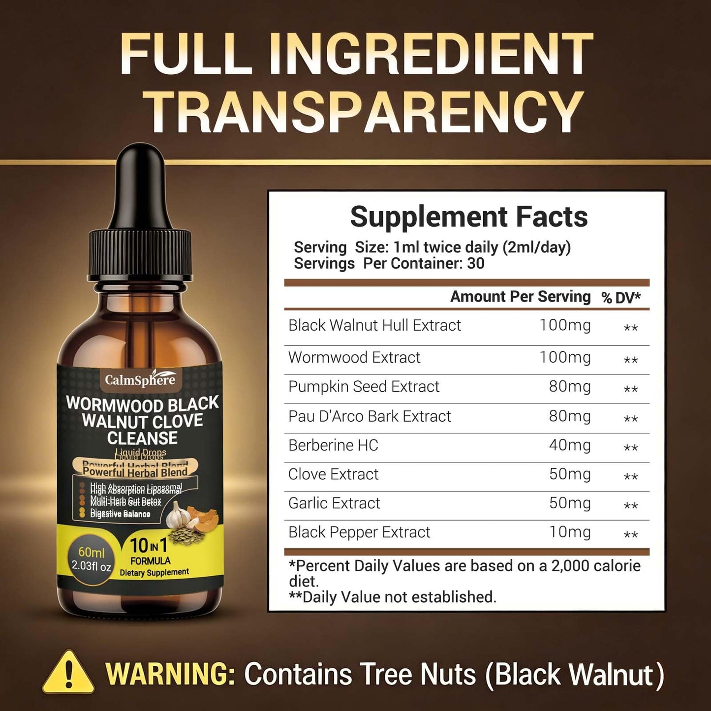 Wormwood Black Walnut Clove Garlic Liquid Drops, Liposomal Fast Absorption with Pumpkin Seed, Pau D'Arco, Berberine, Black Pepper, for Gut Digestive Health
