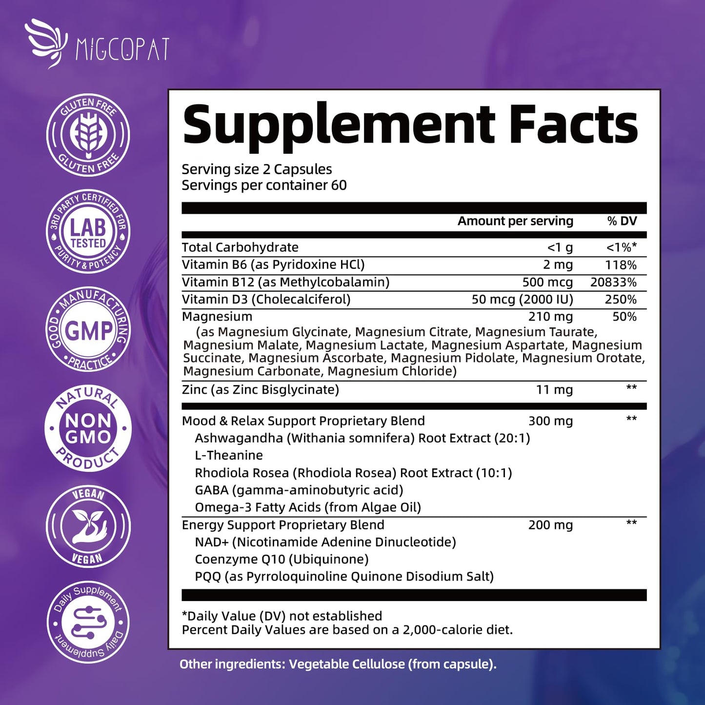 Migcopat Magnesium Complex w/Magnesium Glycinate, Malate, Citrate | 24-in-1 Magnesium Supplement w/Ashwagandha, L-Theanine & NAD+ | Supports Calm, Energy, Muscle & Sleep | Non-GMO, 120 Vegan Caps Migcopat buy supplements Au