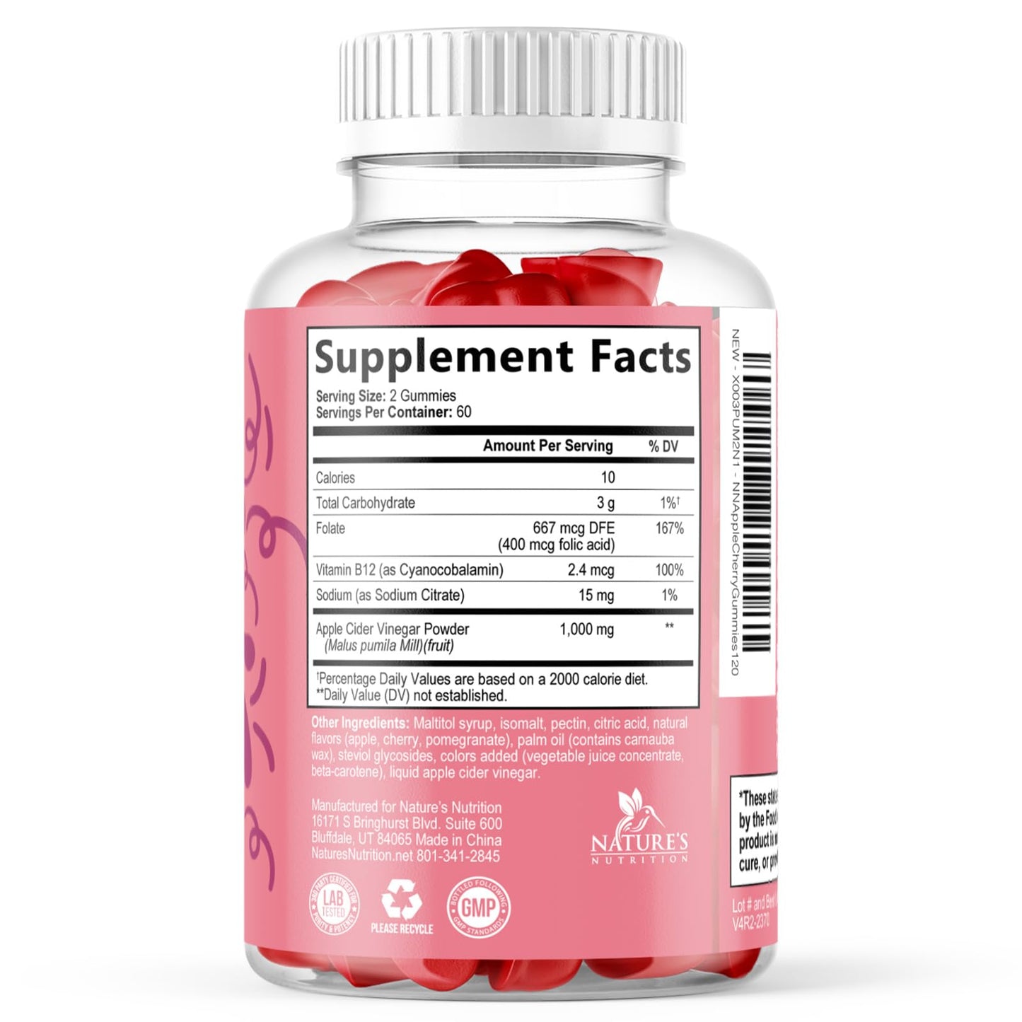 Apple Cider Vinegar Gummies 1000mg Per Serving - Sugar Free ACV Gummy Vitamins Supplement - Vitamin B12 & B6 for Energy - Digestion, Detox & Cleanse Support, Vegan