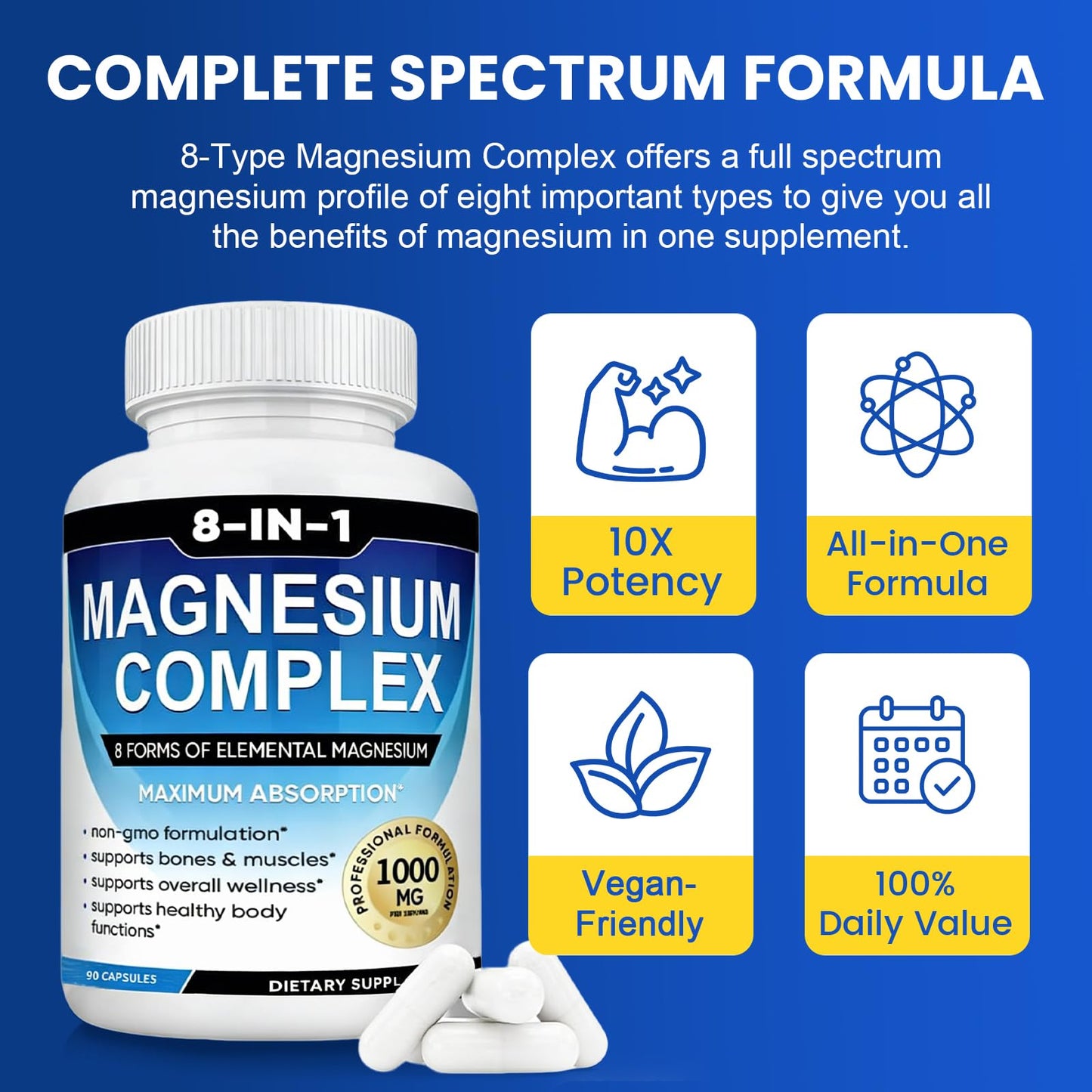 Magnesium Complex Supplement 8-in-1 Elemental 1000mg, Magnesium Glycinate, Malate & Citrate, Vegan, Non-GMO 90 Capsules MIRACLE OFFICIAL buy supplements Au