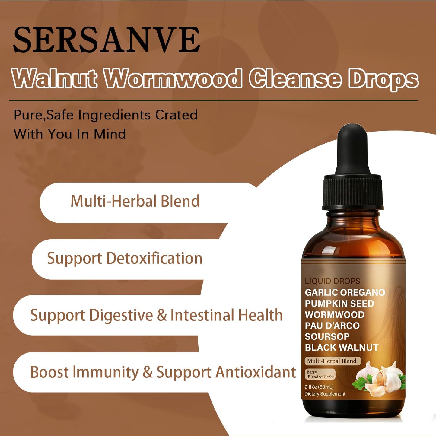 SERSANVE Natural Black Walnut Wormwood Gut Cleanse | Black Walnut Clove Drops with Pumpkin Seed, PAU D’Arco, Soursop, Garlic and Oregano | Vegan, Alcohol-Free Formula for Digestion Support, 2 fl oz SERSANVE buy supplements Au