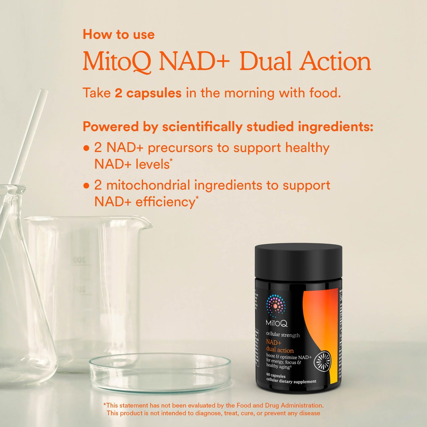 MitoQ NAD+ Dual Action Supplement - NAD+ Supplement with Nicotinamide Riboside (NR), Niacinamide, Resveratrol, & PQQ - Supports Cellular Energy, Focus