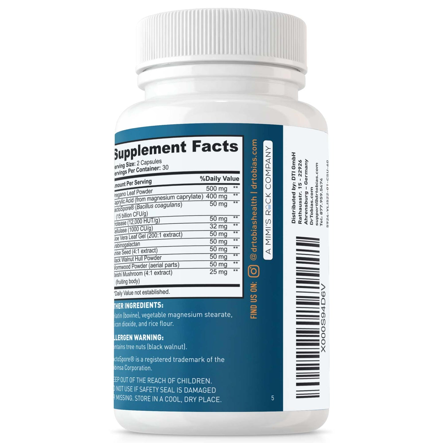 Dr. Tobias Candida Support, Gut Flora Balance Complex with Oregano, Caprylic Acid, Enzymes & Probiotics, Support Intestinal Detox Cleanse & Gut Healt