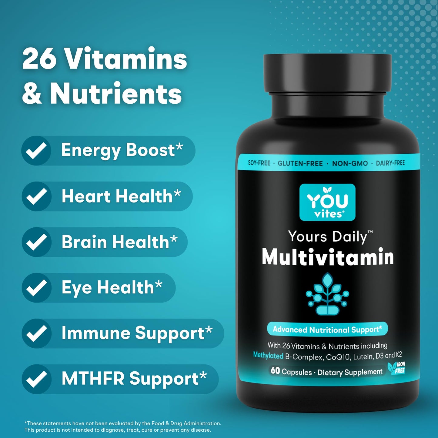 You Vites - Methylated Multivitamin for Men and Women, Methyl Multi Without Iron - 60 Capsules, MTHFR Supplement with Methyl B12, Methylfolate (5-MTHF), CoQ10 for Energy, Heart and Mood Support You Vites buy supplements Au