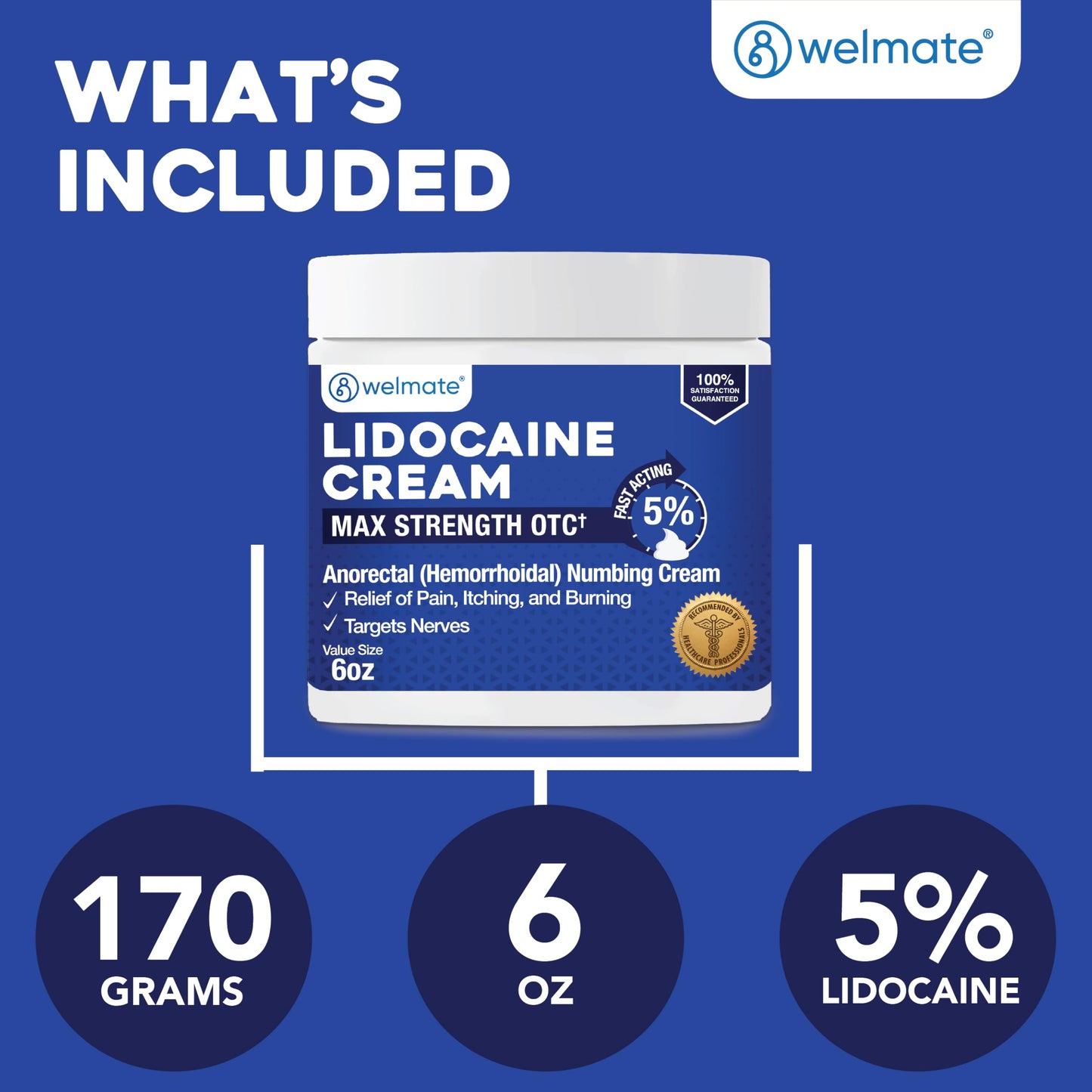 WELMATE 5% Lidocaine Cream for Hemorrhoids, 6 oz Jar – Fast-Acting Lidocaine Numbing Cream & Topical Analgesic Cream for Anorectal Itch Relief