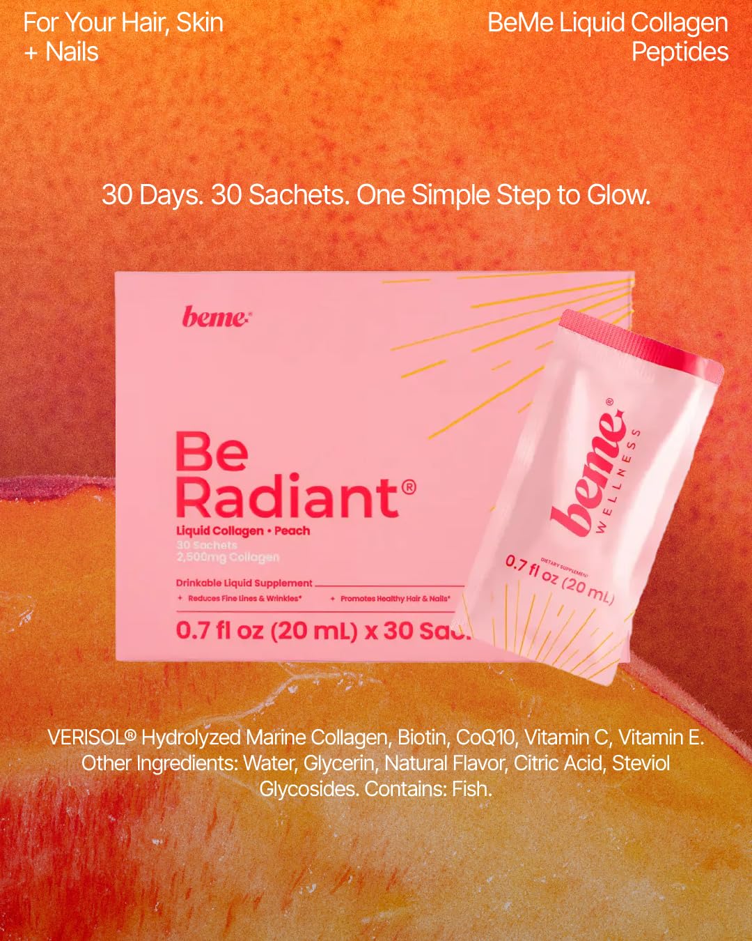 BeMe Liquid Collagen for Women - 2500mg Verisol Collagen Liquid with Biotin, CoQ10 & Vitamin C - Clinically Proven Collagen Peptides for Hair, Skin & Nails - 30 Peach Sachets BeMe buy supplements Au