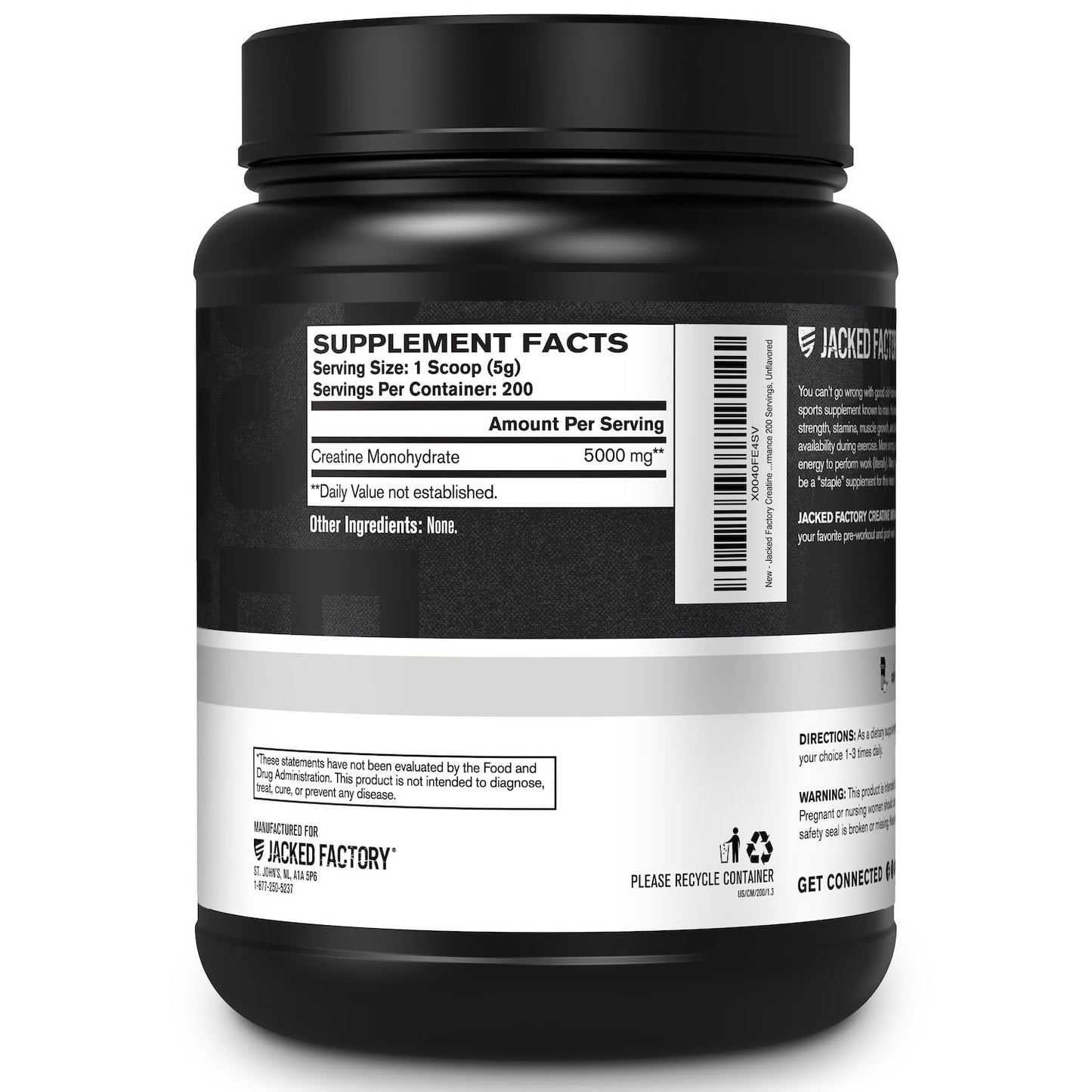 Jacked Factory Creatine Monohydrate Powder 1000g - 5g Daily Creatine Supplement for Men and Women, Vegan-Friendly,