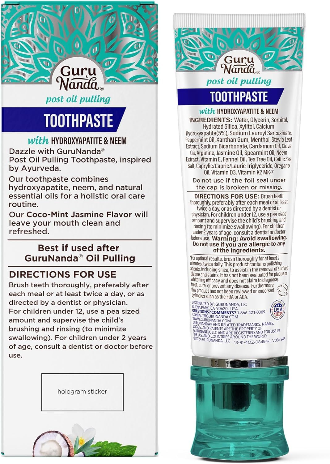 GuruNanda Hydroxyapatite Toothpaste for Whitening with Neem & Xylitol, SLS & Fluoride Free Formula with Tongue Scraper & Squeezer - Freshens Breath, Fights Plaque
