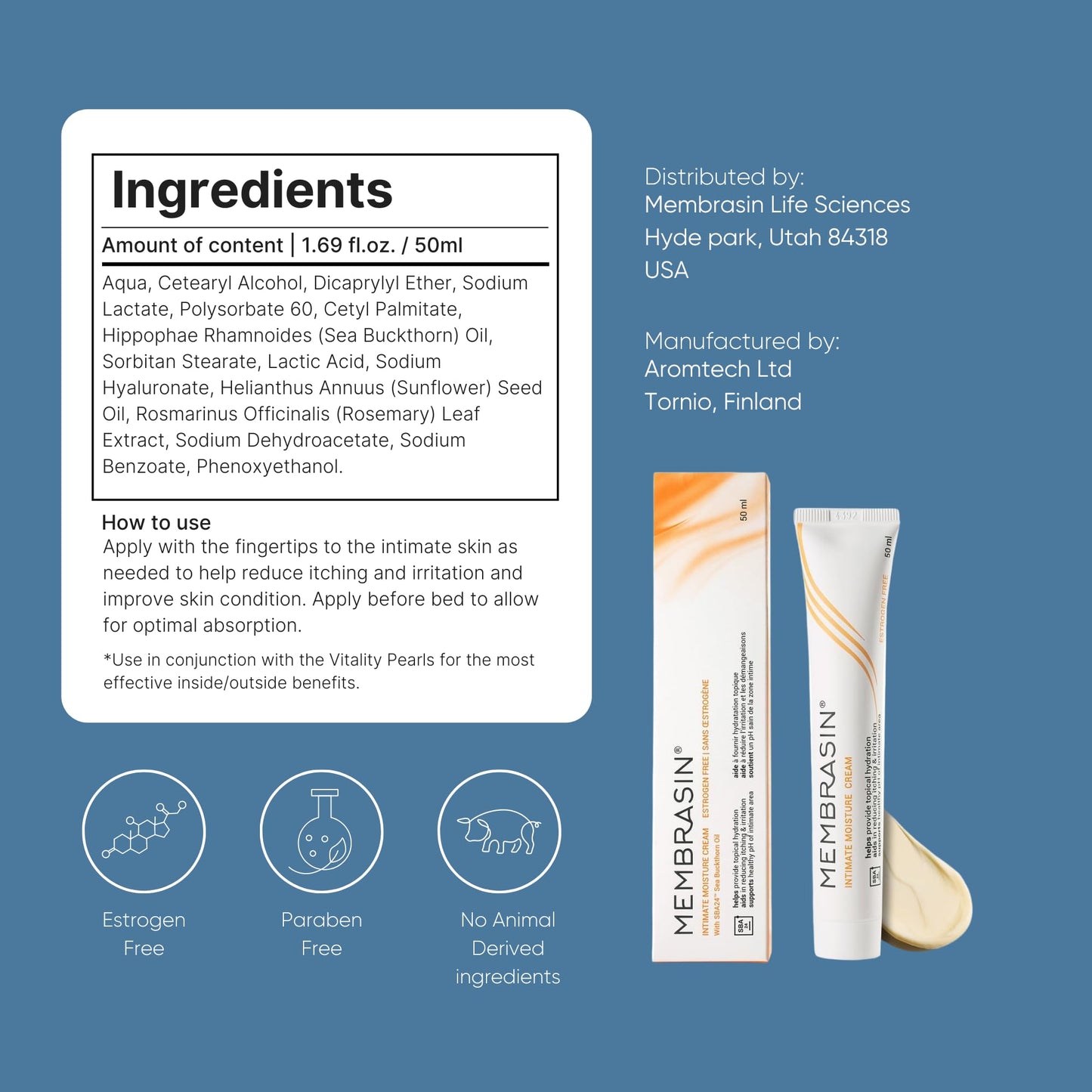 Membrasin Vaginal Moisture Cream with Hyaluronic Acid, Relieves Vaginal Dryness, Itching and Burning, Menopause Support, Hormone Free, Plant Based Formula with Omega 3 6 7 9 and Vitamin E, 50 ml Membrasin buy supplements Au