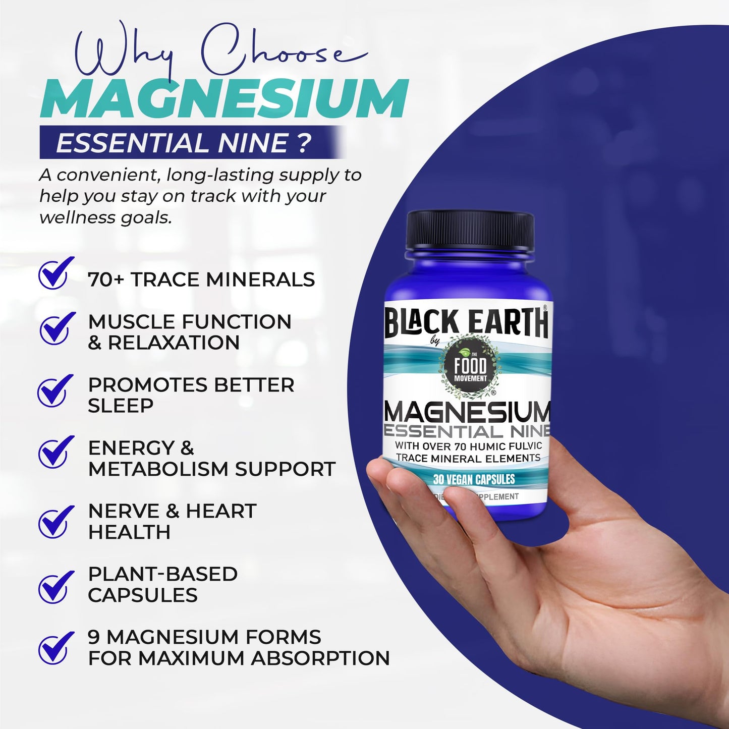 The Food Movement Co. Black Earth Magnesium Essential Nine - Vegan Capsules with Magnesium Glycinate, Citrate, Malate and More - 9 Bioactive Forms for Optimal Health (30 Count) THE FOOD MOVEMENT CO. buy supplements Au