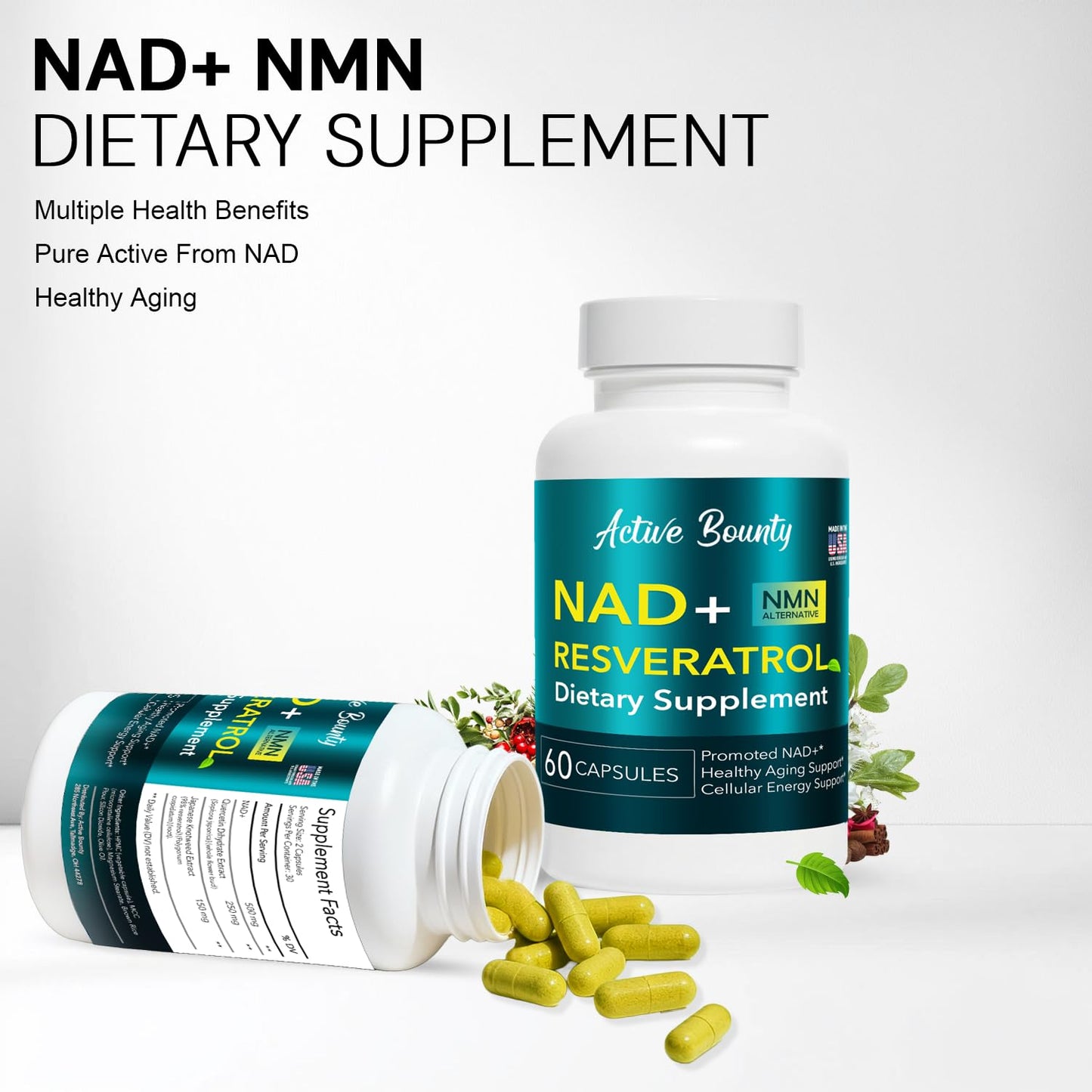 NAD+ Resveratrol Supplement with Quercetin – NMN Alternative for Cellular Energy Support, Focus & Healthy Aging – High Potency 500mg NAD+ Formula, Vegan, Non-GMO, Gluten-Free, Made in USA, 60 Capsules Active Bounty buy supplements Au