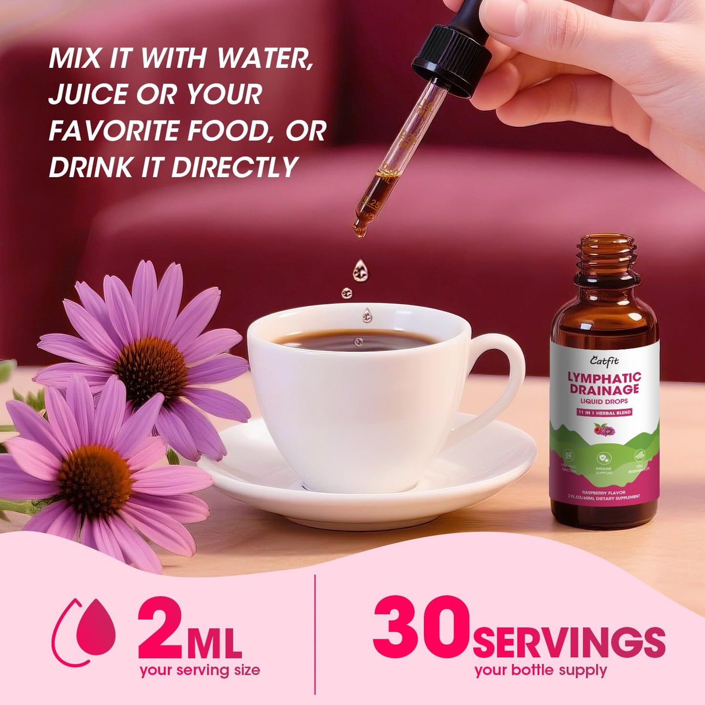 Lymphatic Drainage Supplements Drops for Immune, Lymph System Support, Cleanse & Detox, Liver Health with Echinacea,Elderberry,Cleavers Herb,Burdock, Calendula, Non-GMO, Raspberry Flavor, 2 Fl Oz Catfit buy supplements Au