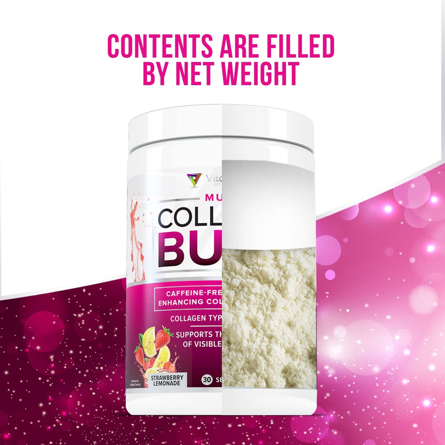 Multi Collagen Burn: Hydrolyzed Protein Peptides with Hyaluronic Acid, Vitamin C, SOD B Dimpless, Types I, II, III, V and X, Caffeine-Free Strawberry