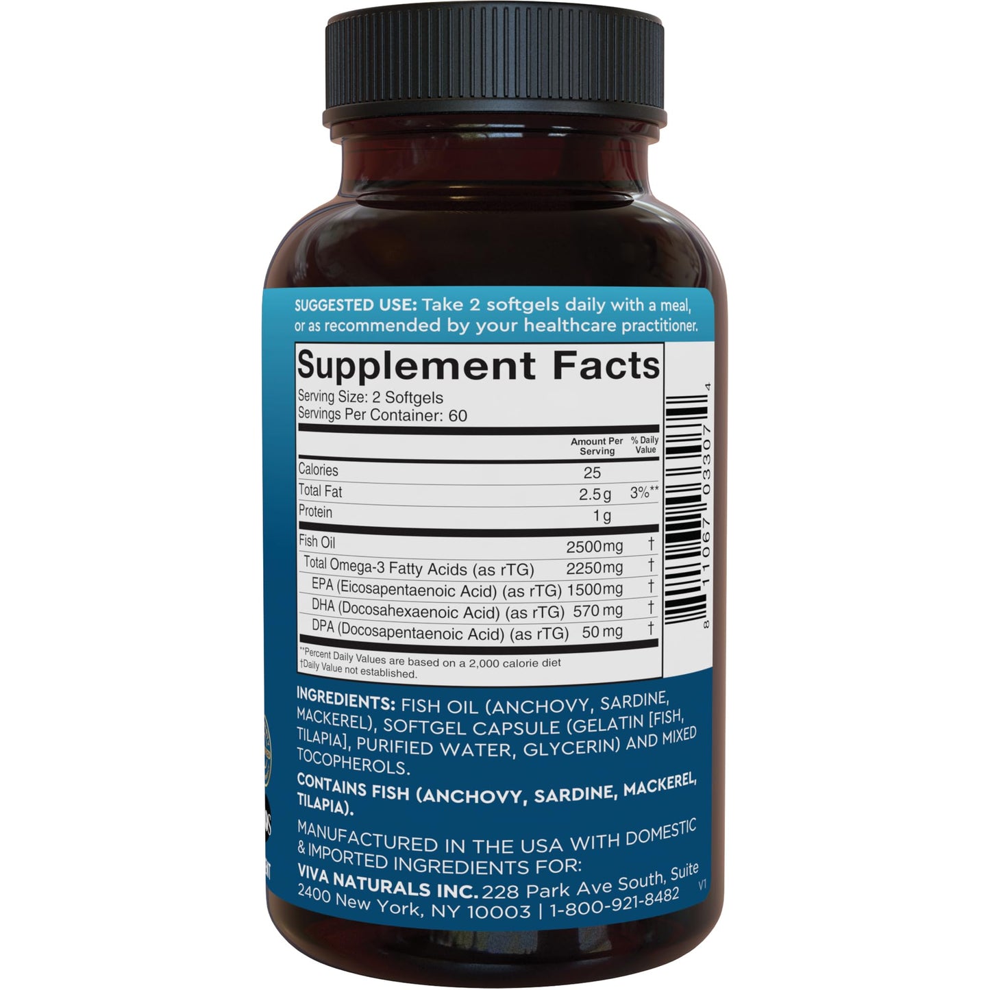 Viva Naturals Omega 3 Fish Oil Supplement for Women and Men - 2500 mg Triple Strength Fish Oil per Serving with Omega 3 Fatty Acids Including EPA, DHA DPA
