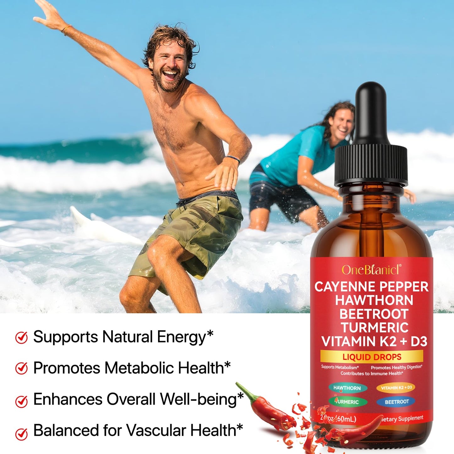 Cayenne Pepper Drops Supplement Liquid, Blend of Hawthorn Berry, Beetroot, Turmeric, VIT K2+D3, Daily Health Boost (2oz) REVIGLAM buy supplements Au