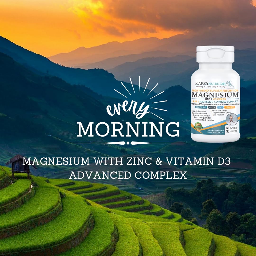 Kappa Nutrition Magnesium 4-in-1, 280mg Elemental Magnesium (Bisglycinate, Malate) + Zinc & Vitamin D3, Brain, Sleep, Energy, Muscle, Immune Support, 60 Vegan Capsules. KAPPA NUTRITION buy supplements Au