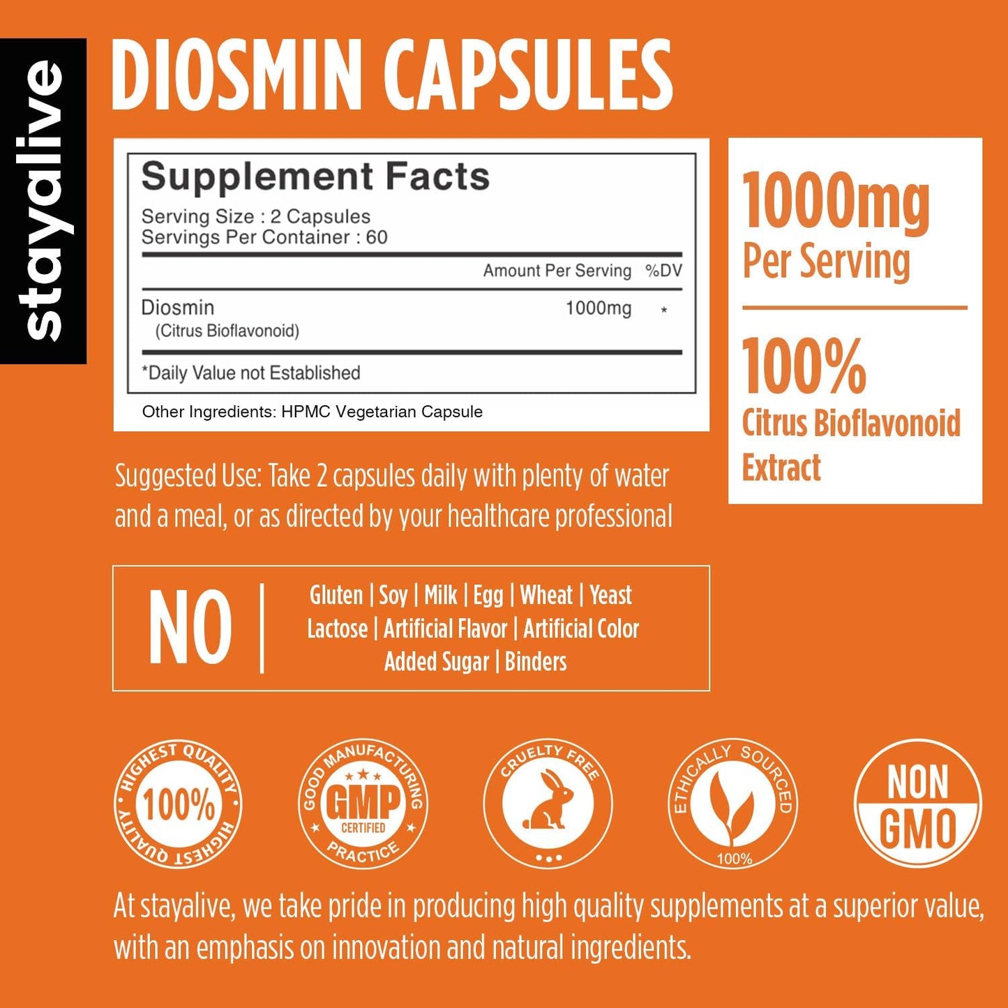 STAY ALIVE Pure Diosmin Complex 1000mg Formula, 120 Capsules, Citrus Bioflavonoids Rich Fruit Extract, 2 Month Supply, 100% Vegetarian, Non-GMO & Gluten Free Diosmin Supplement STAY ALIVE buy supplements Au
