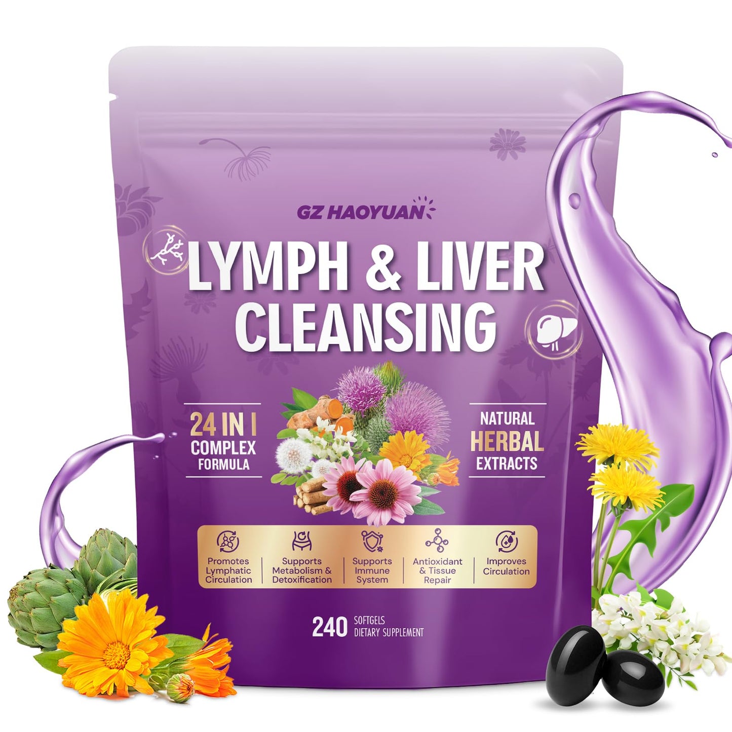 Lymphatic Drainage Supplement, Liver Cleanse Detox & Repair, 24-in-1 Herbal Blend with Echinacea, Dandelion, Burdock, Bromelain, Calendula, Turmeric - Lymph System Support, Less Bloating, 240 Softgels GZ HAOYUAN buy supplements Au