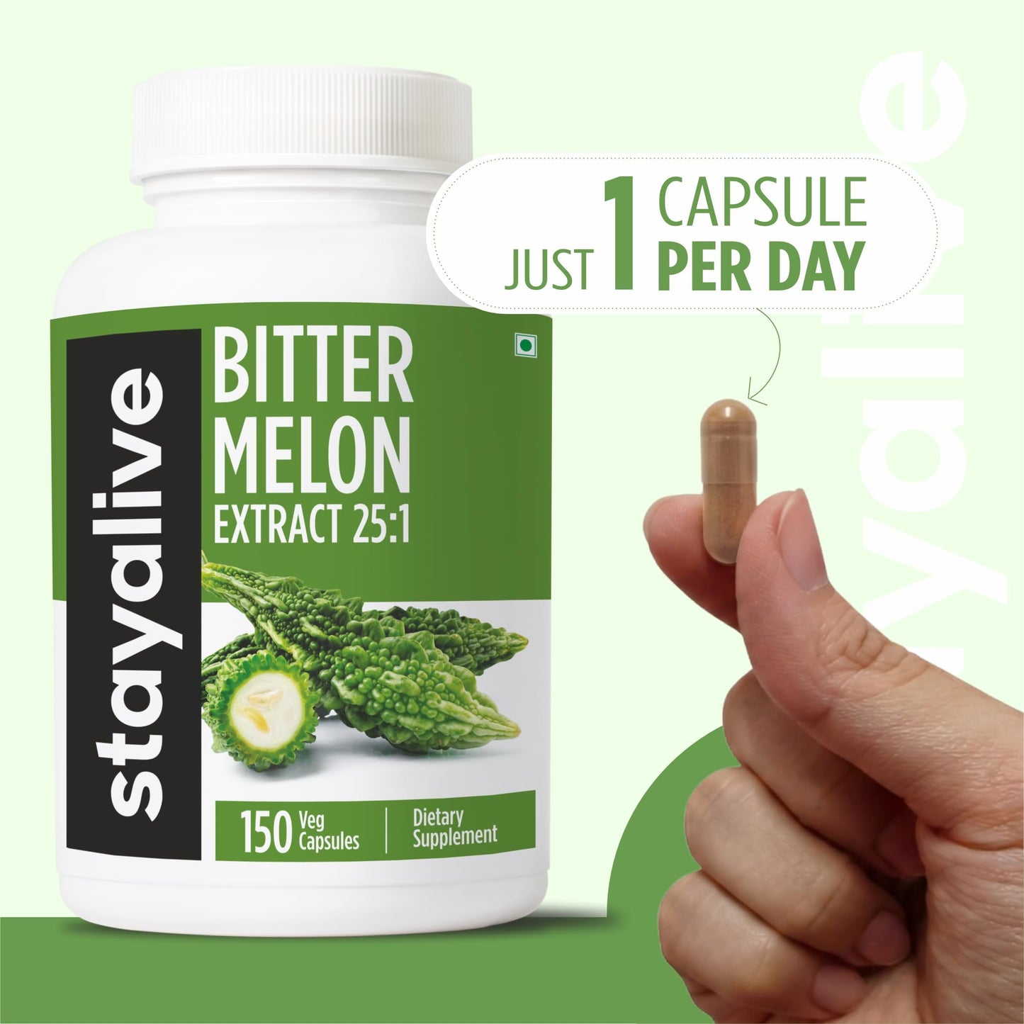 STAY ALIVE Extra Strength Bitter Melon Capsules, 10% Bitter Principles, 150 Pills, 25X Concentrated Powder, 5 Month Supply, Non-GMO & Gluten Free