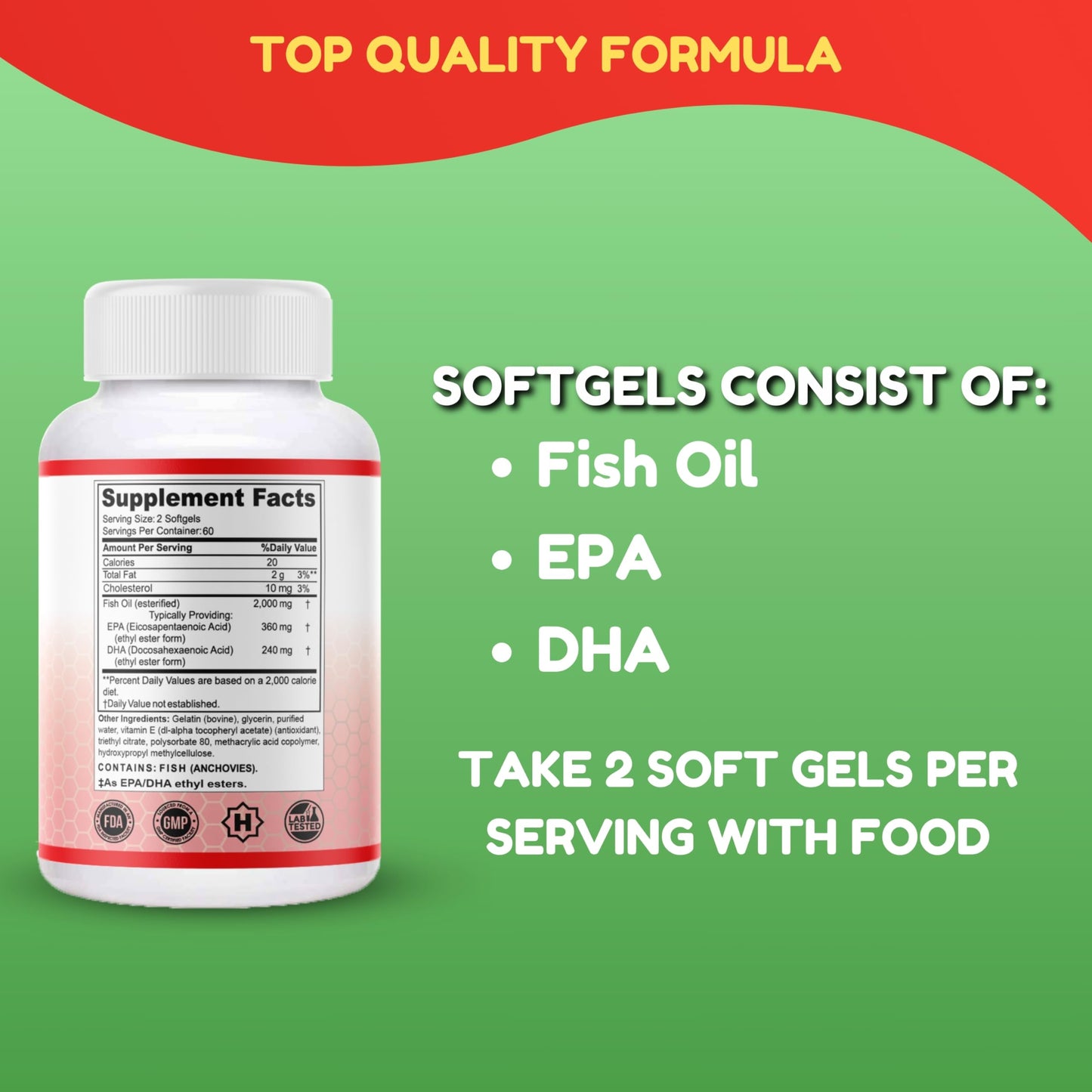 Halal Omega 3 Fish Oil 2000mg - 60 Servings, 120 Softgels. Wild Caught, Purified, Keto Friendly, Non-GMO & Gluten-Free. Brain, Heart & Cardiovascular Support.