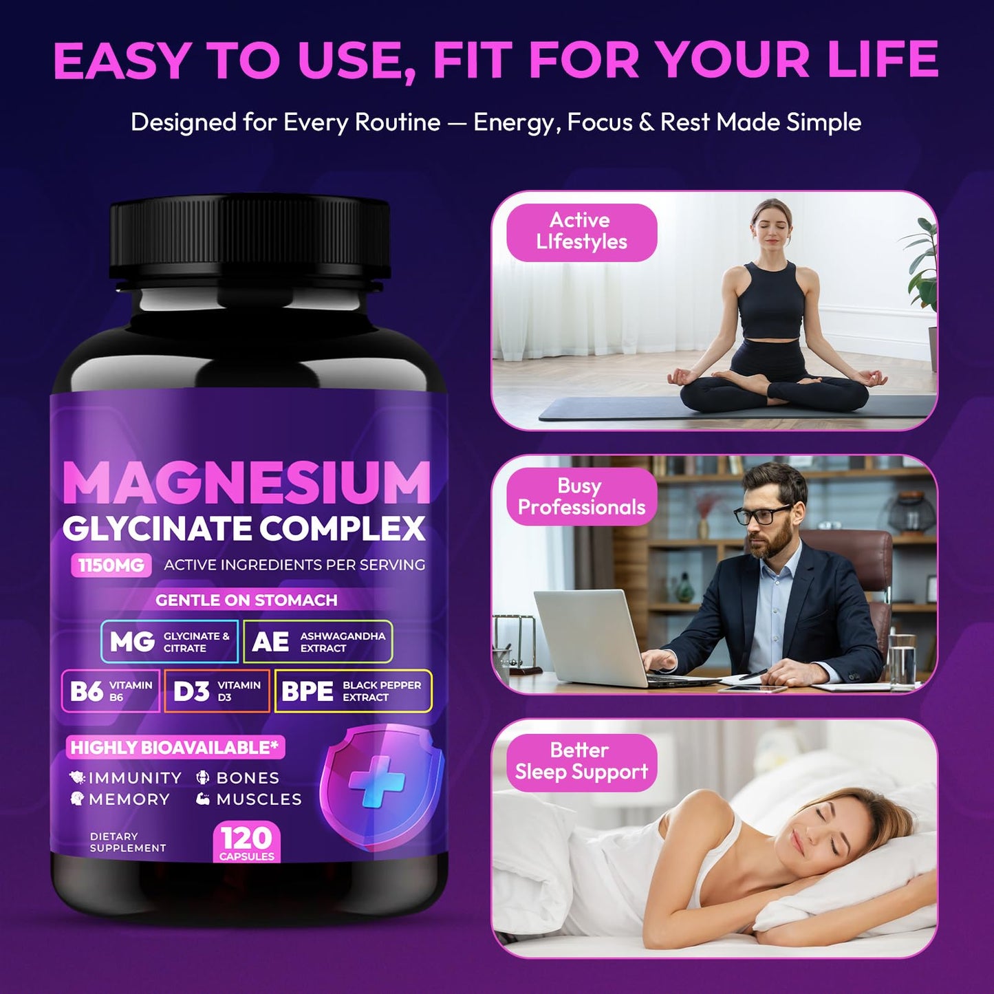 Magnesium Glycinate Complex 1150mg - Gentle on Stomach High Absorption Magnesium Capsules with Citrate, Silica, Ashwagandha & Vitamin B6 for Zzz, Stress Relief, Muscle Support for Adults, Women & Men Cytona buy supplements Au