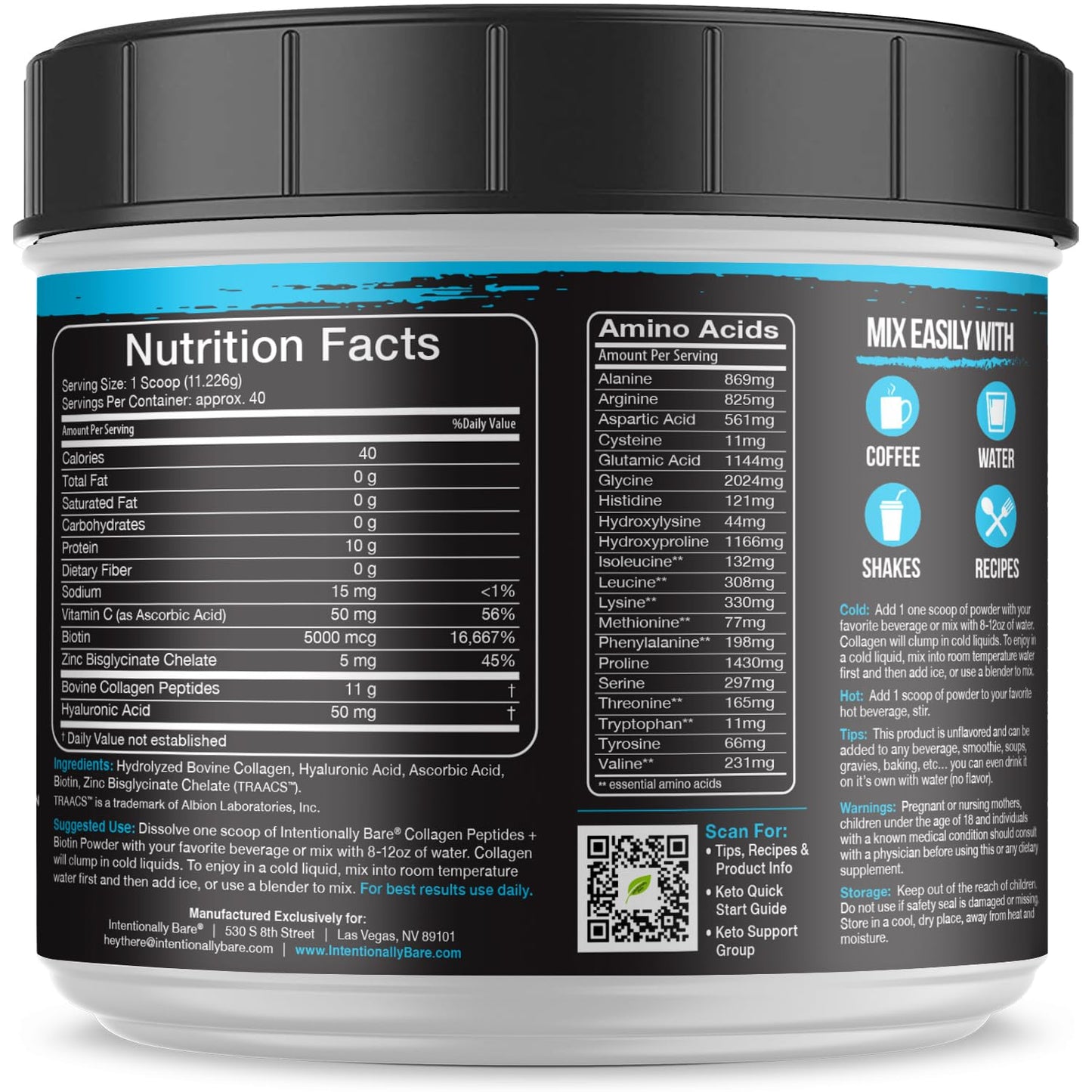 Intentionally Bare Grass Fed Hydrolyzed Collagen Peptides Powder - Bovine Collagen Powder – with Biotin, Hyaluronic Acid, Vitamin C & Zinc - Peptides I & III
