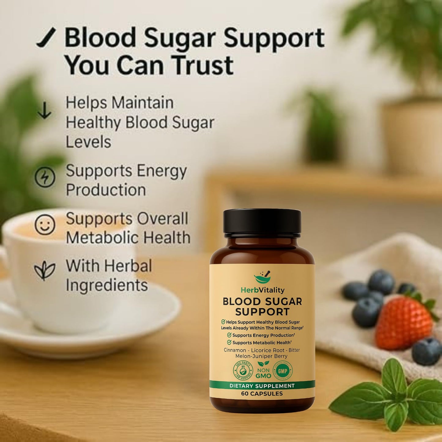 Herb Vitality Blood Sugar Support Supplement with Cinnamon, Bitter Melon – Supports Healthy Blood Sugar Levels Already Within Normal ranges
