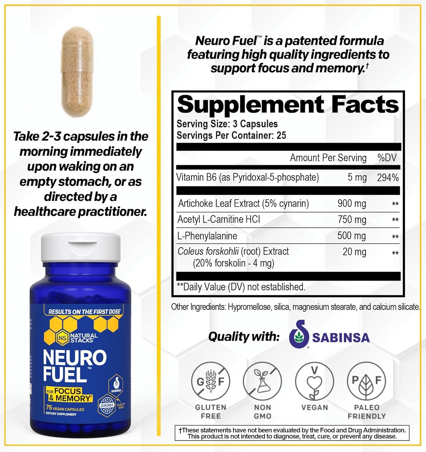 NATURAL STACKS Original NeuroFuel Nootropic Brain Support Supplement - 750mg L-Carnitine & 500mg L-Phenylalanine - Brain Supplement for Memory and Focus* - 75 Focus Pills NATURAL STACKSÂ buy supplements Au