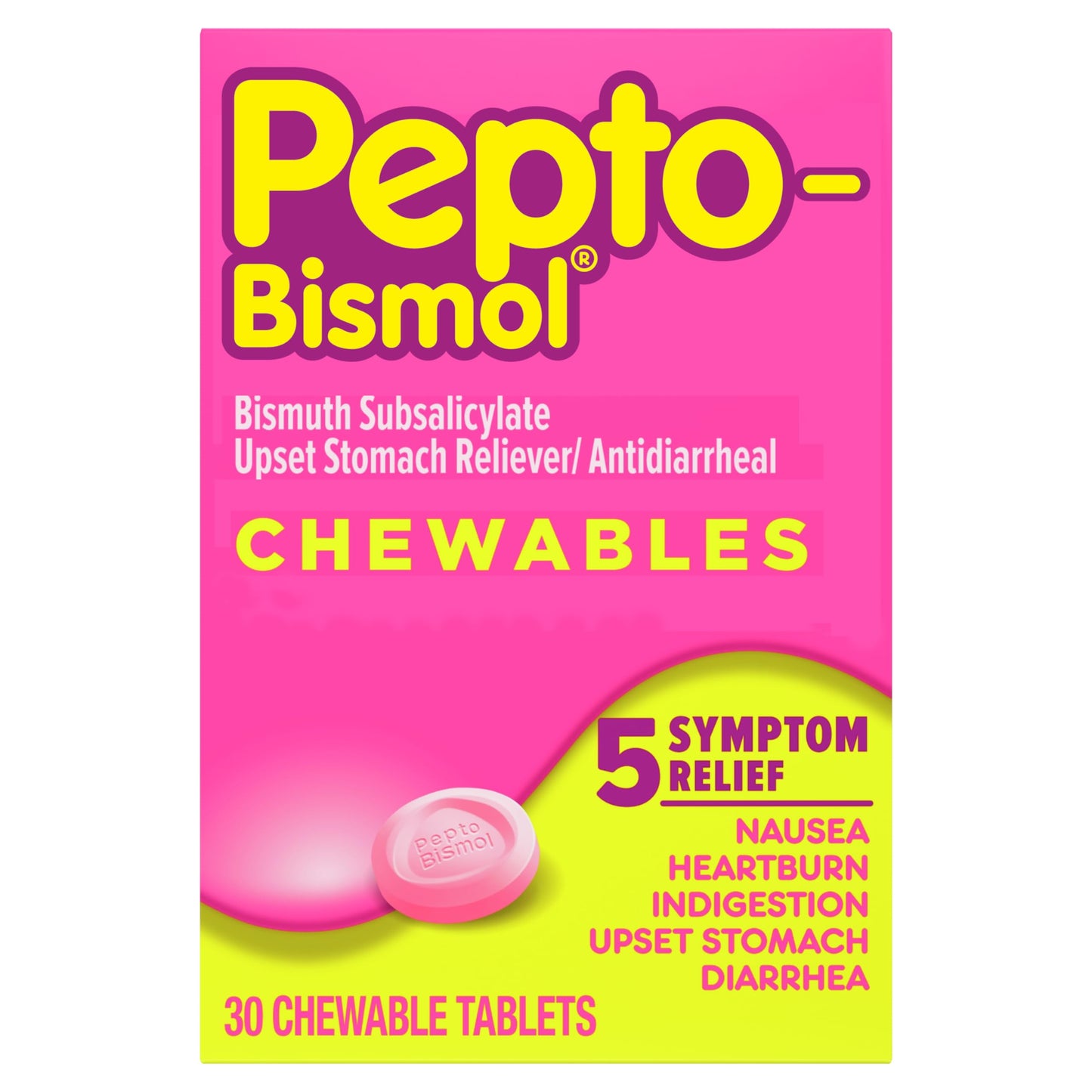 Pepto Bismol Chewable Tablets, Upset Stomach Relief, Nausea Relief, Heartburn Relief, Indigestion Relief, Anti Diarrhea Medication for Adults - 5 Symptom Relief, 30 ct Pepto Bismol buy supplements Au