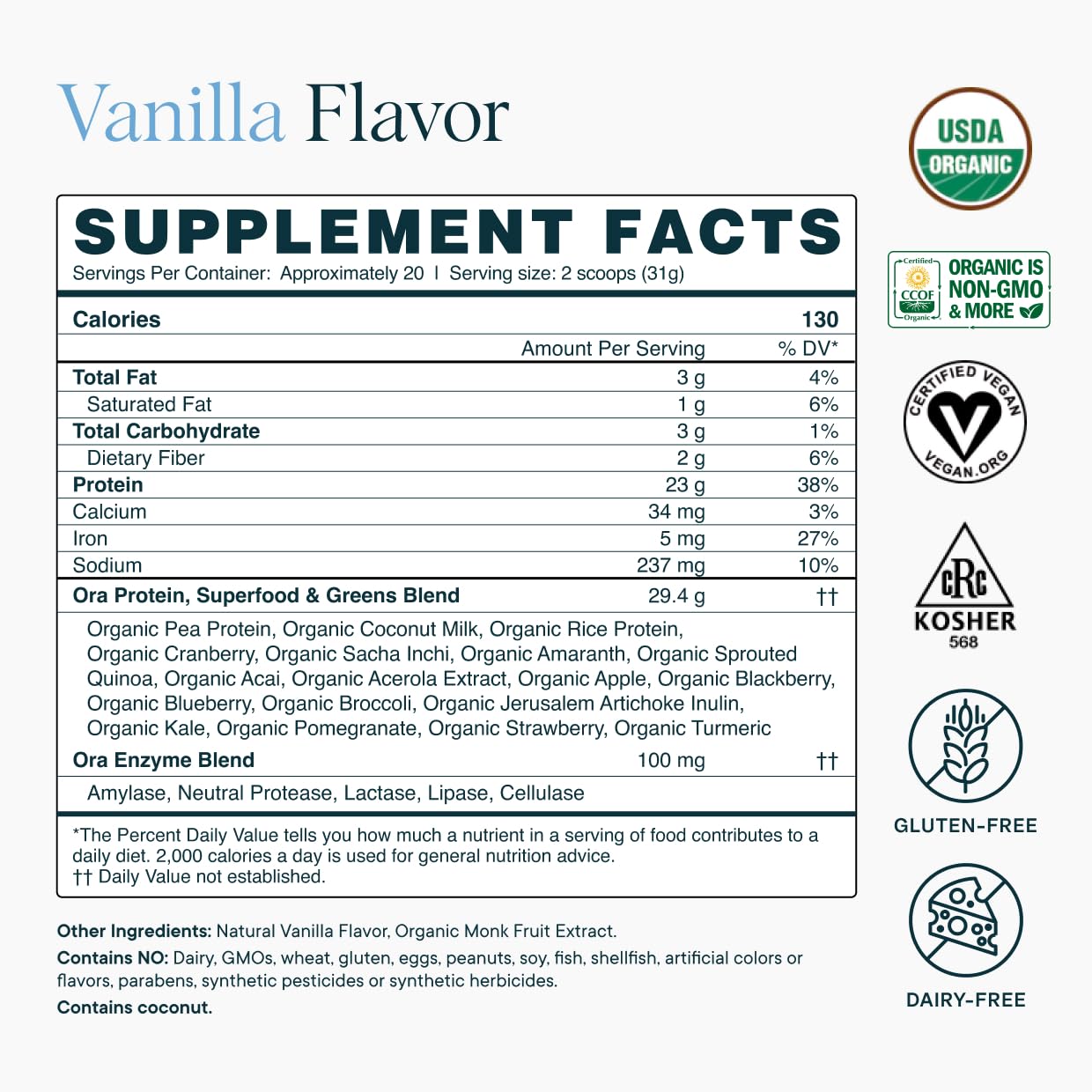 Ora Organic Plant-Based Protein Powder - 23g Protein for Women and Men - Vanilla Flavor 20 Servings, Vegan, Clean Protein, Third-Party Tested, Gluten-Free - 20 Servings Ora Organic buy supplements Au