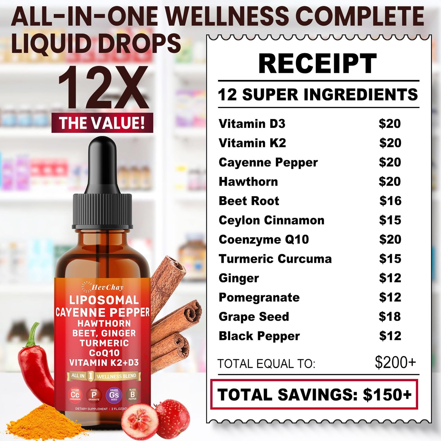 Cayenne Pepper Drops Liposomal Supplement Liquid + Hawthorn Berry, Vitamin D3 K2 Beet Root Powder, Ceylon Cinnamon, CoQ10, Turmeric Curcumin, Cayenne Pepper Extract - 2oz HevChay buy supplements Au