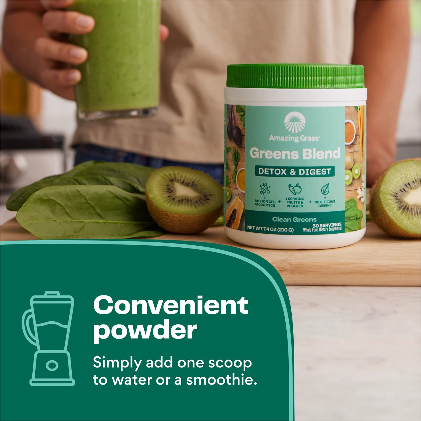 Amazing Grass Greens Blend Detox & Digest, Smoothie Mix, Cleanse with Super Greens Powder, Digestive Enzymes & Probiotics