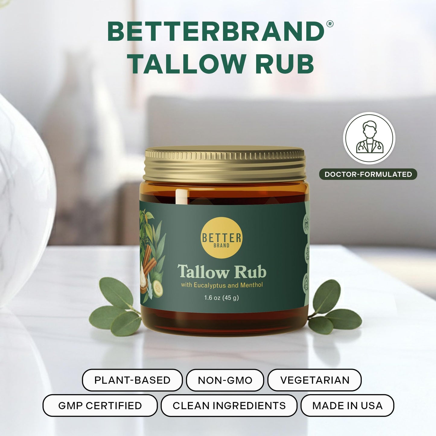 Betterbrand Petroleum-Free Medicated Tallow Rub – Natural Vapor Rub Alternative with Menthol & Eucalyptus - Grass-Fed Tallow Balm for Chest Congestion Relief - 1.6oz BetterbrandBuy Supplements Australia
