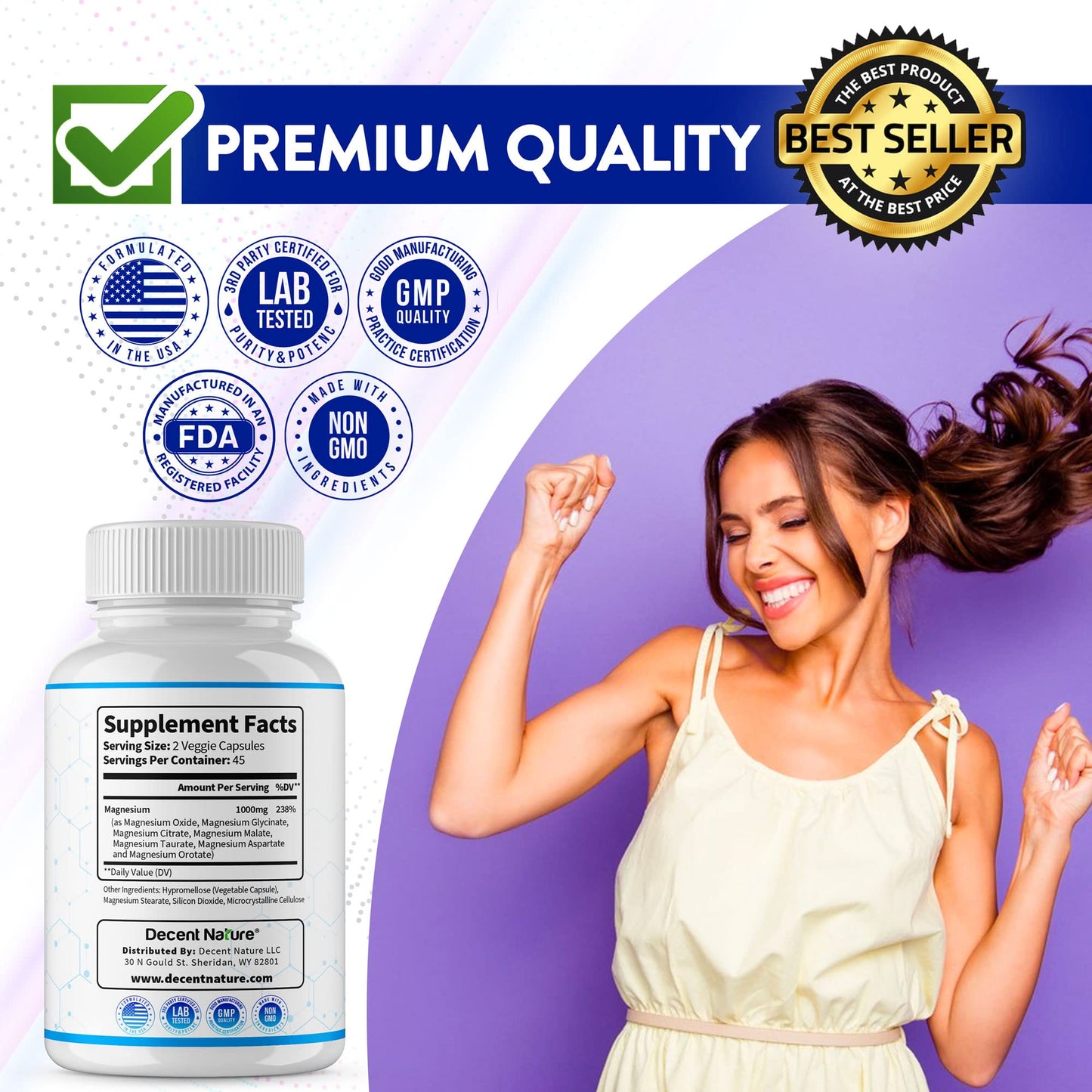 Magnesium Complex 7 Elemental Magnesium Supplement 1000mg – Magnesium Glycinate, Citrate, Malate, Taurate, Oxide, Aspartate, Orotate Non-GMO 90 Capsules DECENT NATURE buy supplements Au