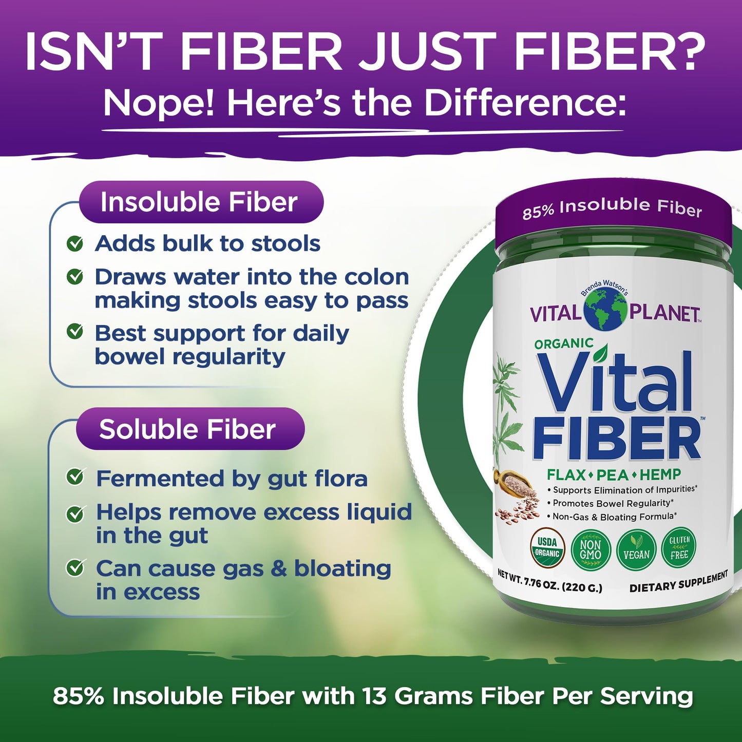 Vital Planet - Vital Fiber Powder, Soluble and Insoluble Fiber Supplement with Flax, Pea and Hemp, Organic Daily Dietary Supplement Supports