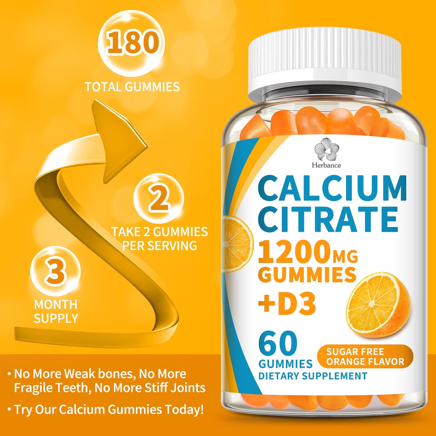 (3 Pack) Calcium Citrate 1200 mg Gummies with Vitamin D3, High Absorption Calcium Supplements for Women & Men, Sugar Free, Non-GMO, Gluten Free,
