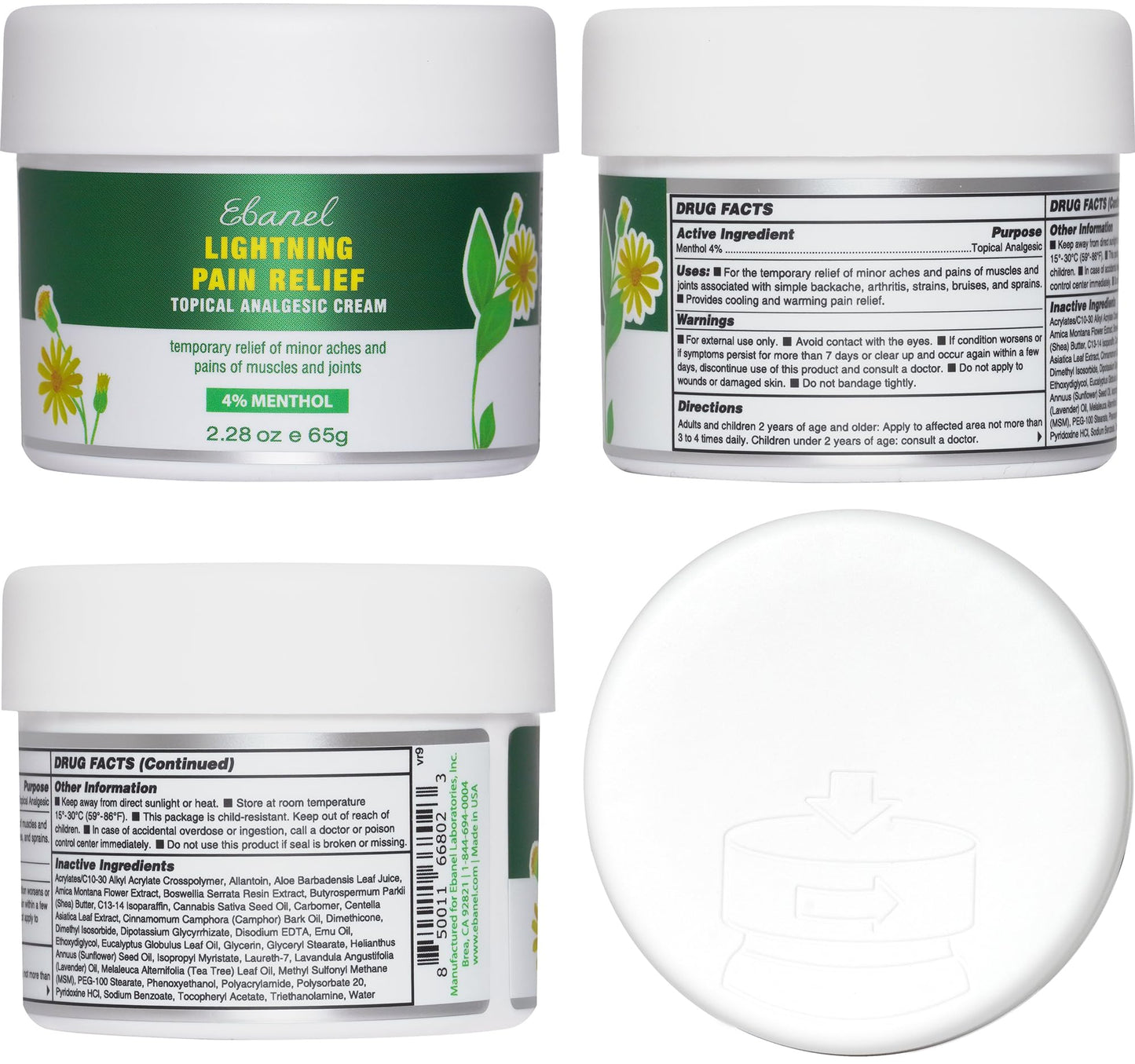 Ebanel Pain Relief Cream for Arthritis, Back, Joint, Foot, Neck, Strains & Sprains with Menthol, Camphor, Arnica, Emu Oil, MSM, Boswellia, Soothing Muscle Pain Relief Cream