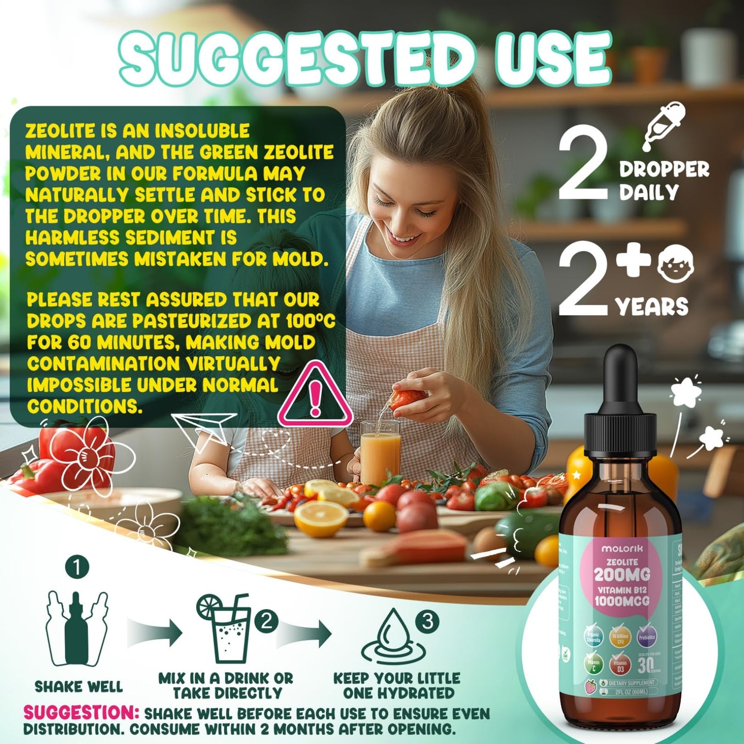 Zeolite Detox for Kids and Adults, 200mg Zeolite Liquid Drops with 1000mcg Vitamin B12, Organic Chlorella, 10 billion CFU & Prebiotics for Gut Support & Speech, Immune, Bone, Energy*, Strawberry, 60ML molorik pure buy supplements Au