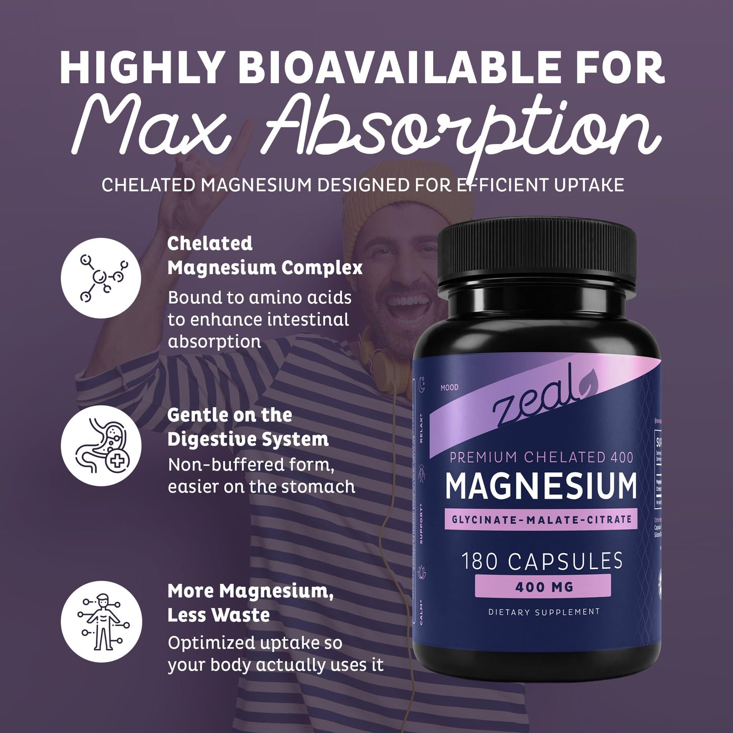 Zeal Naturals Triple Magnesium Complex Supplement - Glycinate, Malate, Citrate | 400mg, 180 Capsules | High Absorption Chelated Magnesium for Sleep, Mood, Muscle Recovery, Relaxation Zeal Naturals buy supplements Au