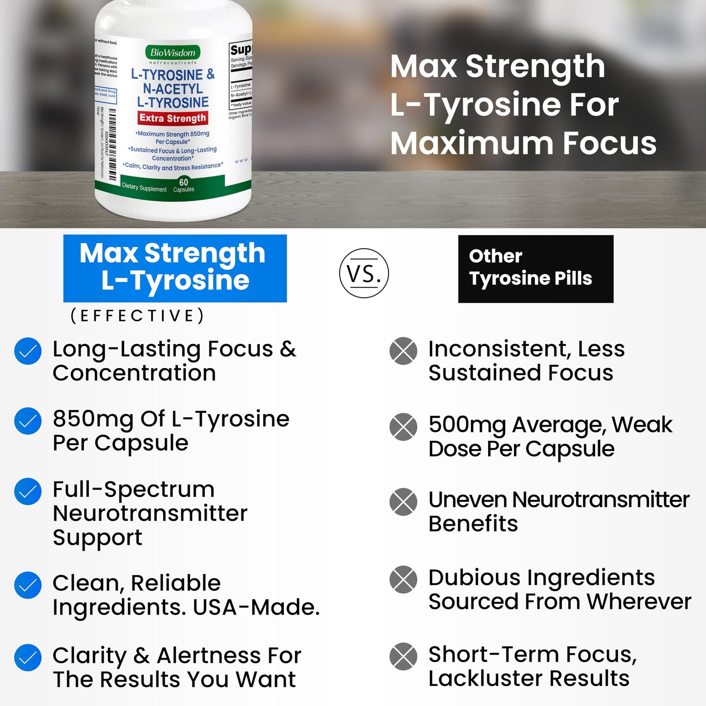 Max Strength L Tyrosine Supplement & N Acetyl L Tyrosine Peak Focus, Alertness, Concentration, Body & Mind Energy. L-Tyrosine 850mg Per 1 Capsule. A Well-Being Nutrient Boost For Performance BioWisdom Nutraceuticals buy supplements Au