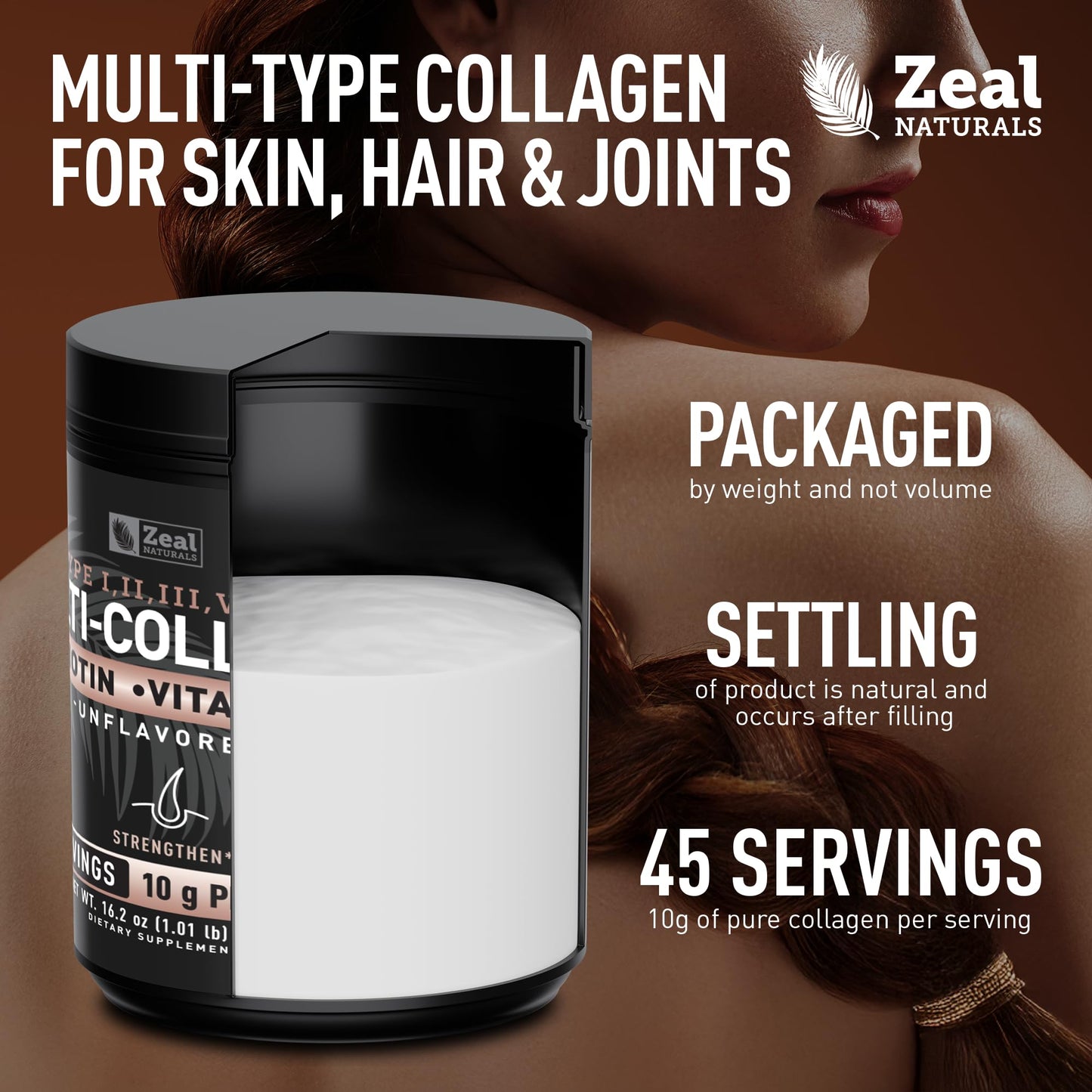 Zeal Naturals Multi Collagen Protein Peptides Powder Types I II III V X - Vitamin C, Biotin & Hyaluronic Acid - Hair, Skin & Nails - Marine, Bovine, Chicken & Eggshell - Unflavored, 45 Servings Zeal Naturals buy supplements Au